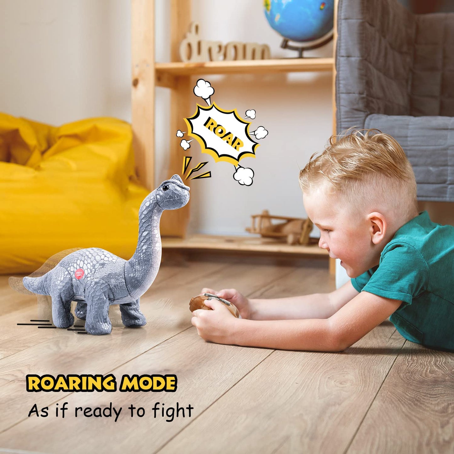TOY Life Remote Control Dinosaurs - Walking Electronic, Plush Brontosaurus & Stuffed Animal - RC Dinosaur Gift for Kids 3-7+