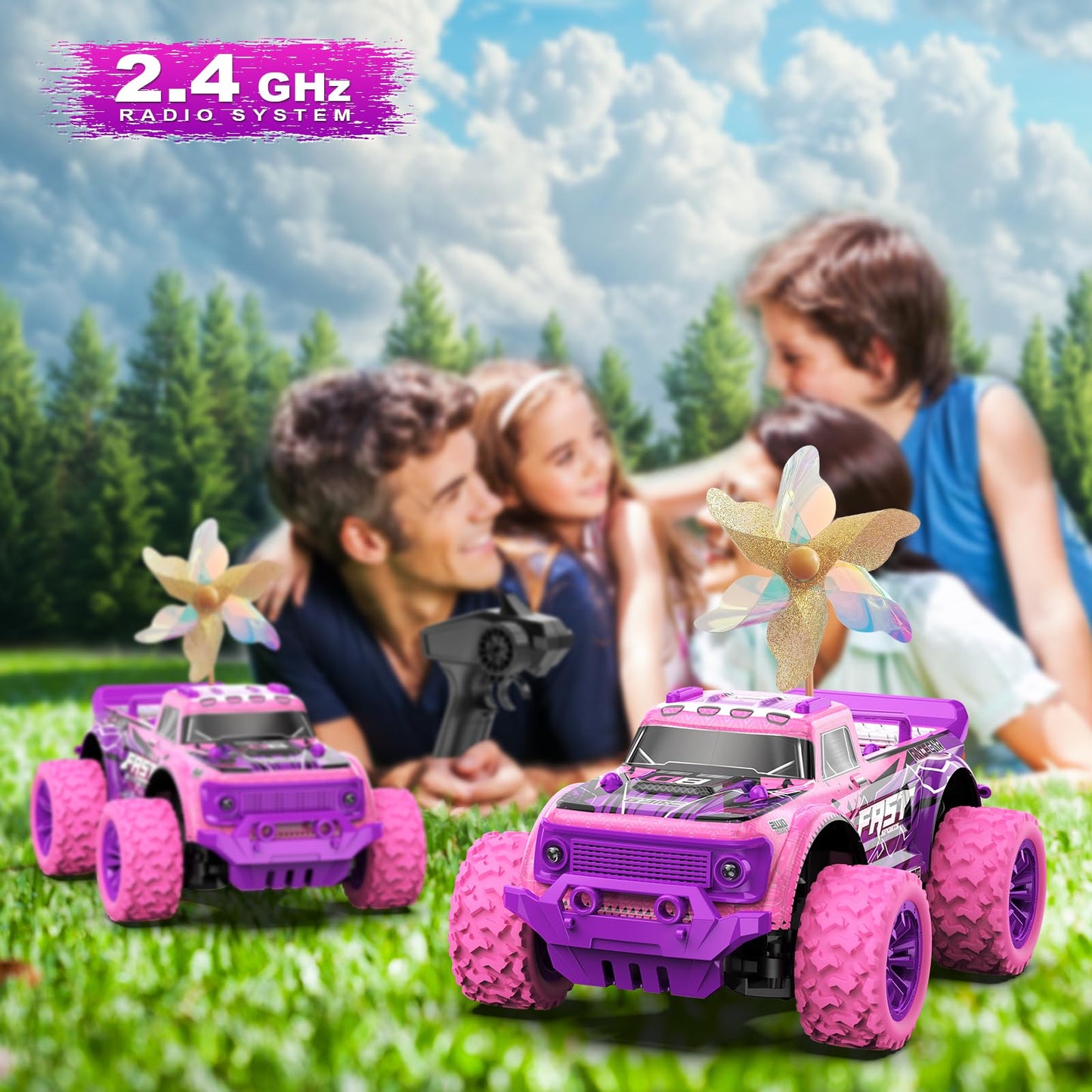 iDrone Remote Control Car for Girls: 1:20 Scale Pink Purple Rc Truck with LED Light and DIY Windmills - 20Km/h All Terrain Fast RC Cars, 2.4GHz Monster Truck Toys for Kids Gift