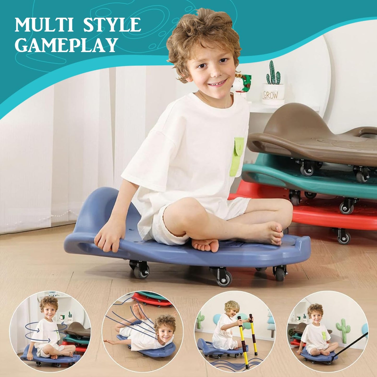 Large Scooter Board for Kids,Plastic Indoor Floor Scooter Board with Handles, Buckle and 1 Rope, 5 Wheels, Gym Scooters for Indoor Outdoor Sitting and Sports Training,Blue