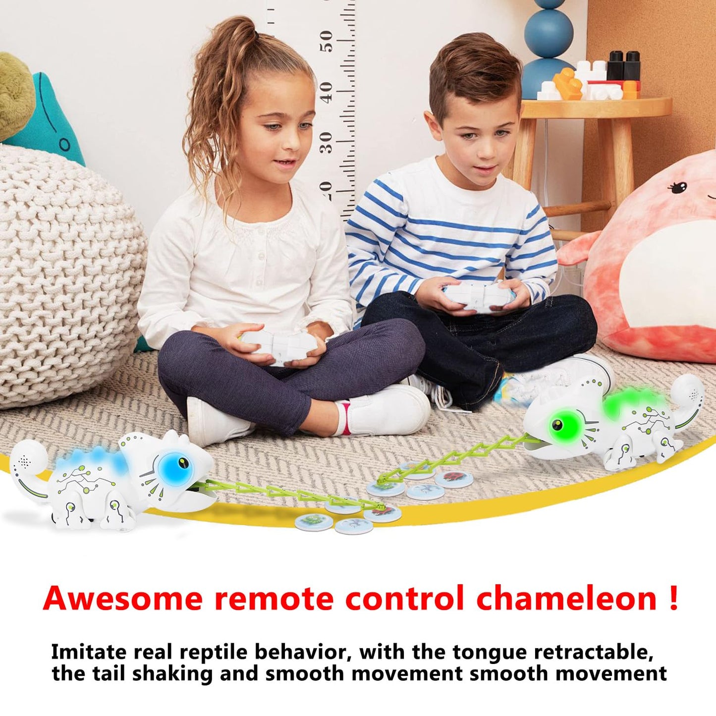 OSQI Interactive Remote Control Chameleon Simulation Toy for Kids - 2.4GHz RC Reptile with 5 Sound Effects, 12 Color Lights, Extending Tongue & Wagging Tail, Children Aged 3-12 Discovery Toys (White)