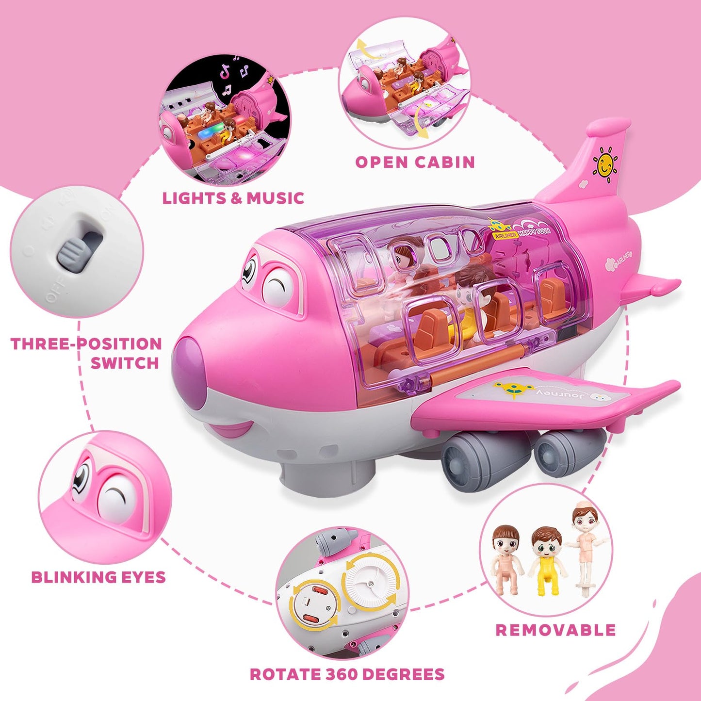 victob Pink Airplane for Toddler 1-3-5, Bump and Go Action Toy Airplane with LED Flashing Lights & Sounds, Birthday Gifts for Boys Girls Ages 4-8 Year Olds (Pink)
