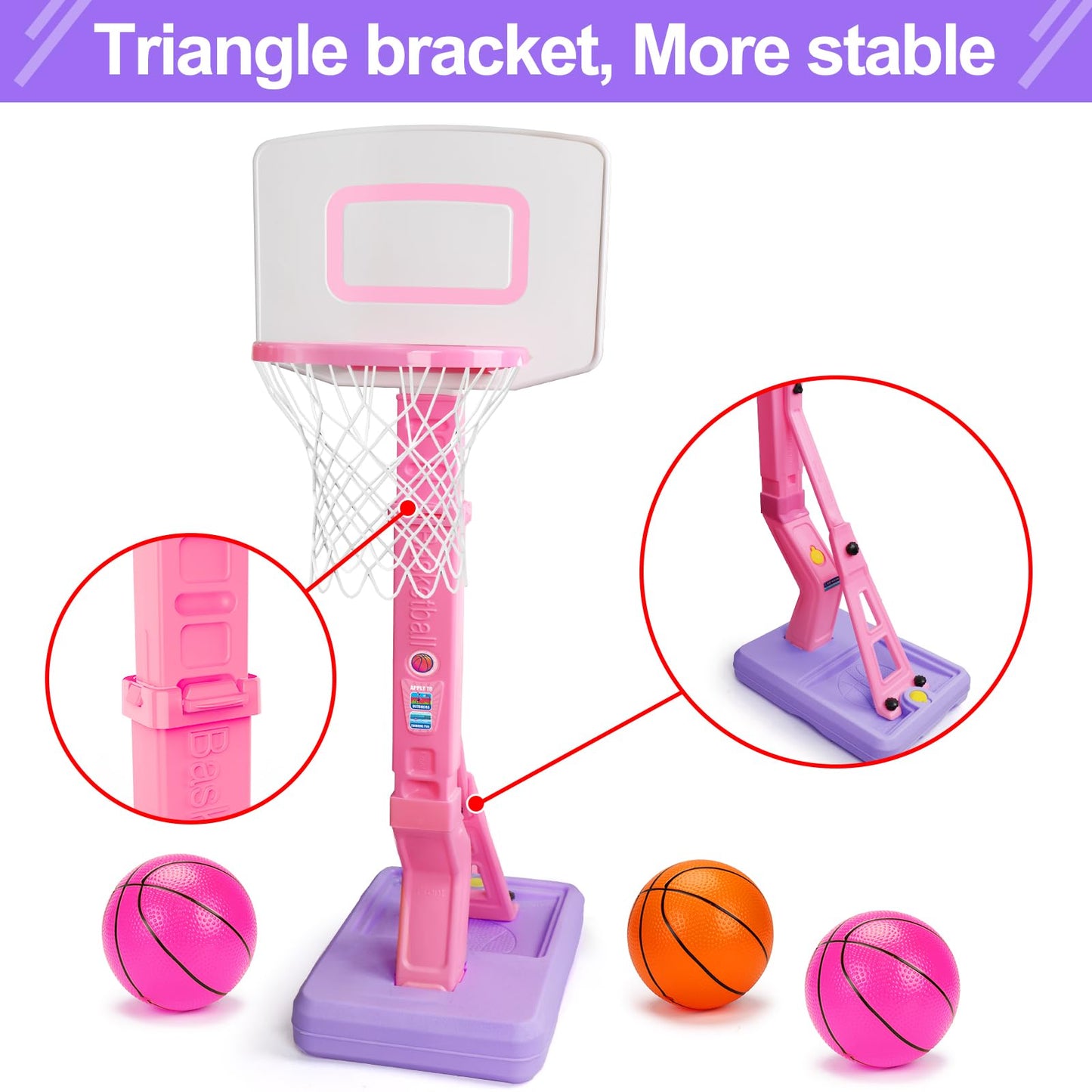 Qirptey Toddler Girl Basketball Hoop Indoor Pink Adjustable Mini Basketball Goal with Ball Pump for Outdoor Poolside Toys Backyard Game Outside Basketball Toy for Kids Age 3-5 6 7 4-8 Birthday Gift