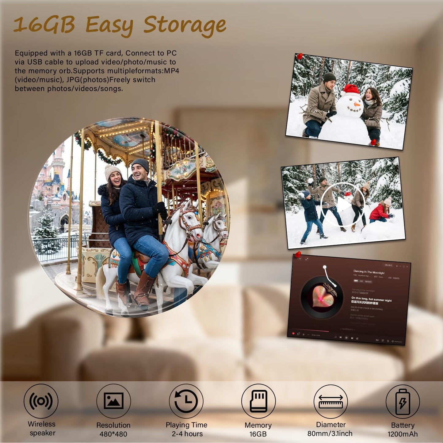 Memory Orb Video Player, 3.15’’ Crystal Memory Sphere Ball, Rechargeable 3D Memory Pearl Video&Photo&Music Player, No App/WiFi, 16GB Digital Frame for Anniversary, Birthday, Wedding, Pet Memorial