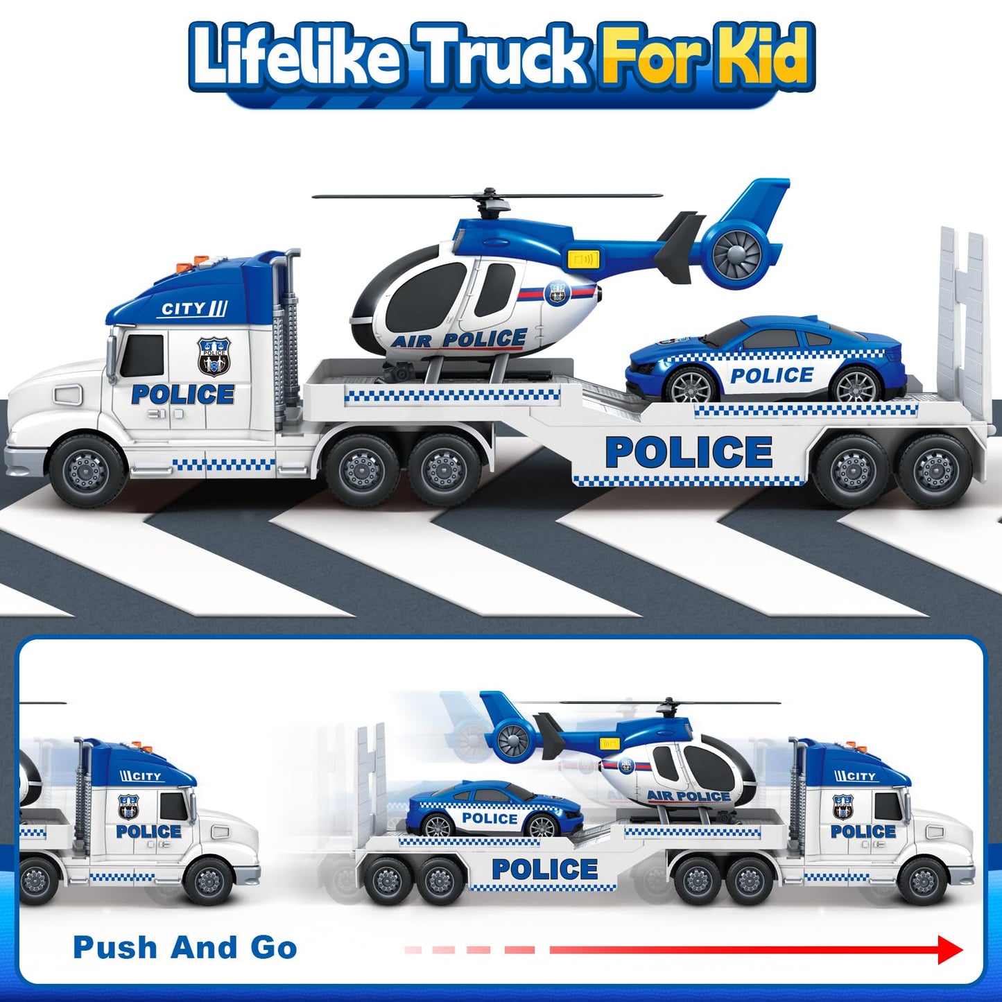 SpringFlower 3 4 5 Boy Toddlers Toys, Extra Large Police Truck Toys with Racing Car and Helicopter, 3 in 1 Police Car Toy Birthday Gifts for 3 4 5 6 Year Old Boys Toddlers Girls