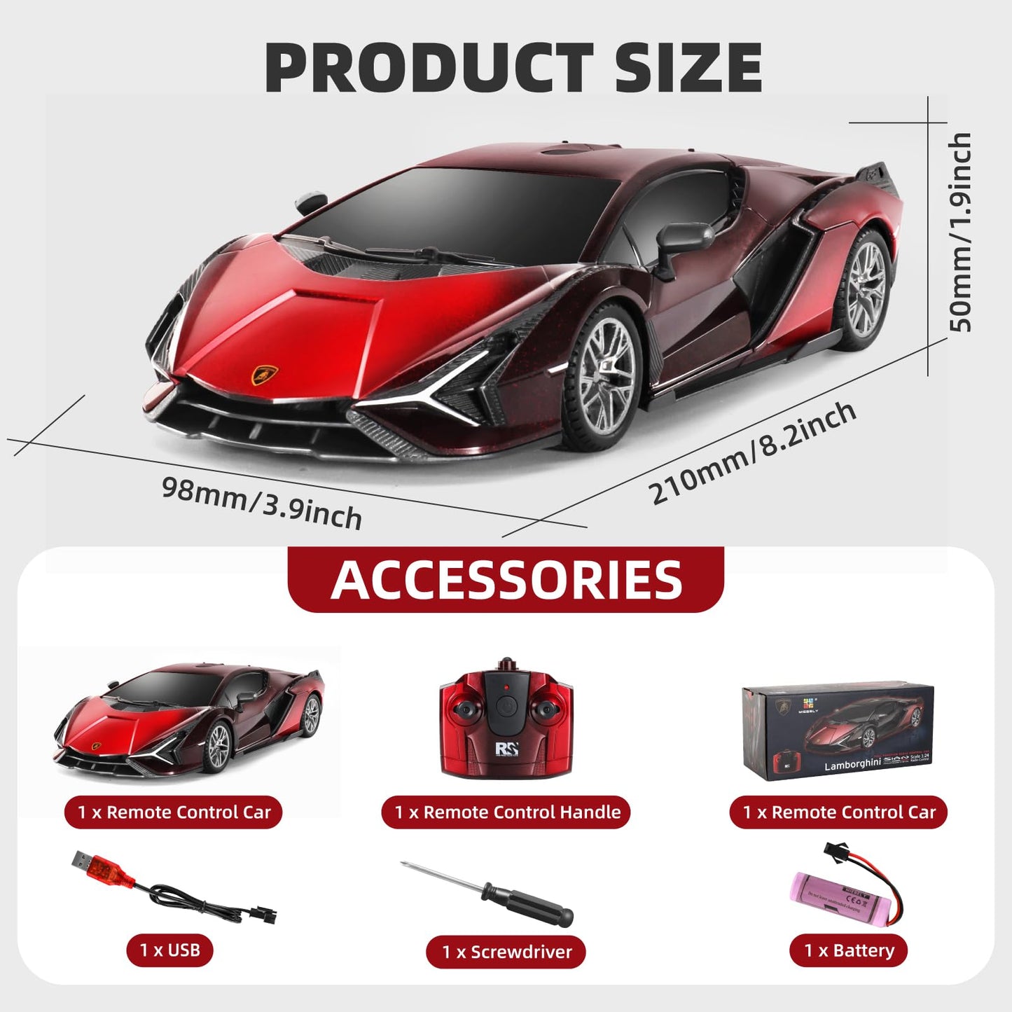 MIEBELY Lamboghini RC Car - 1:24 Scale Lambo Toy Car 3.7V 500mAh, Sián Fast Remote Control Car for Boys 8-12, Rc Race Model Birthday Gifts for Kids Adults Boys Girls Age 6-12 Year Old