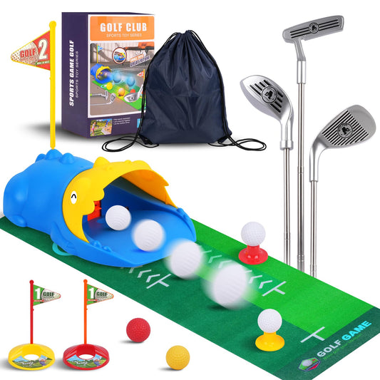 PINKPEACH Toddler Golf Set with Bag, 3-8 Kids Set with Automatic Ball Return, Mat, LED Light Up Night Golf Balls, 3 Clubs & Tees, Indoor & Outdoor Sports Game Toys for 3+ Boys & Girls