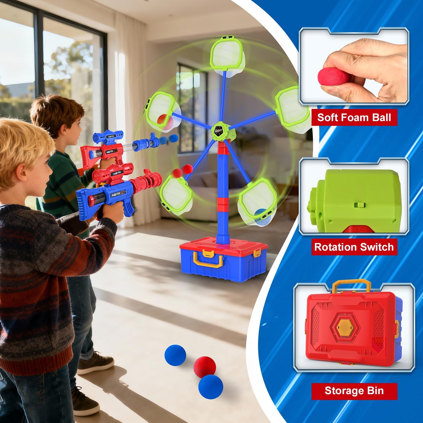 2 IN 1 Shooting Game Toys For 5 6 7 8 Year Old Kids, Moving Standing Shooting Target & 2 PCS Foam Ball Popper Air Toy Guns, 24 Foam Balls, 2 Player Boy Toys For Boy Kids, Gifts for Boys and Girls