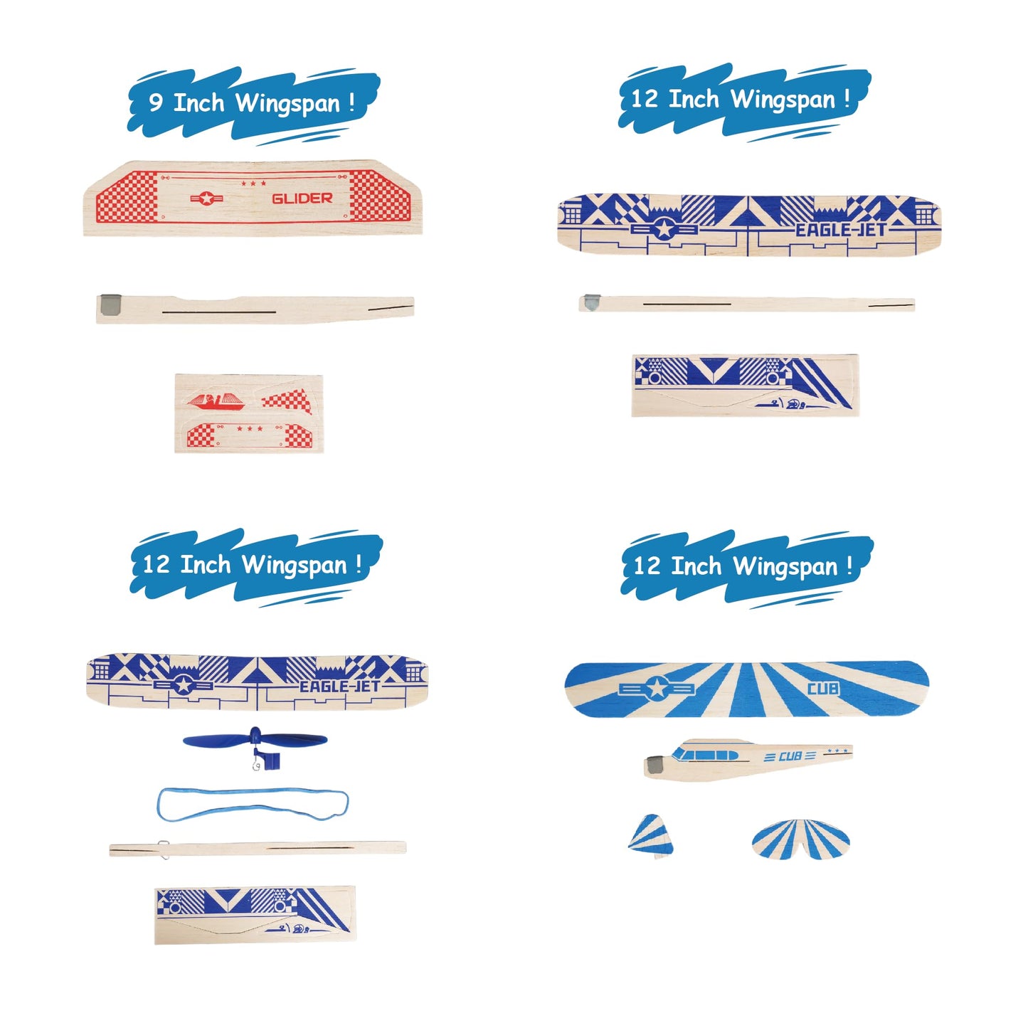 PLAYSTEM Balsa Wood Airplane Kit - 4 Pack Model Gliders & Rubber Band Powered Planes | Outdoor Toy Set for Kids | STEM Learning Airplanes | Easy Assembly No Glue Needed