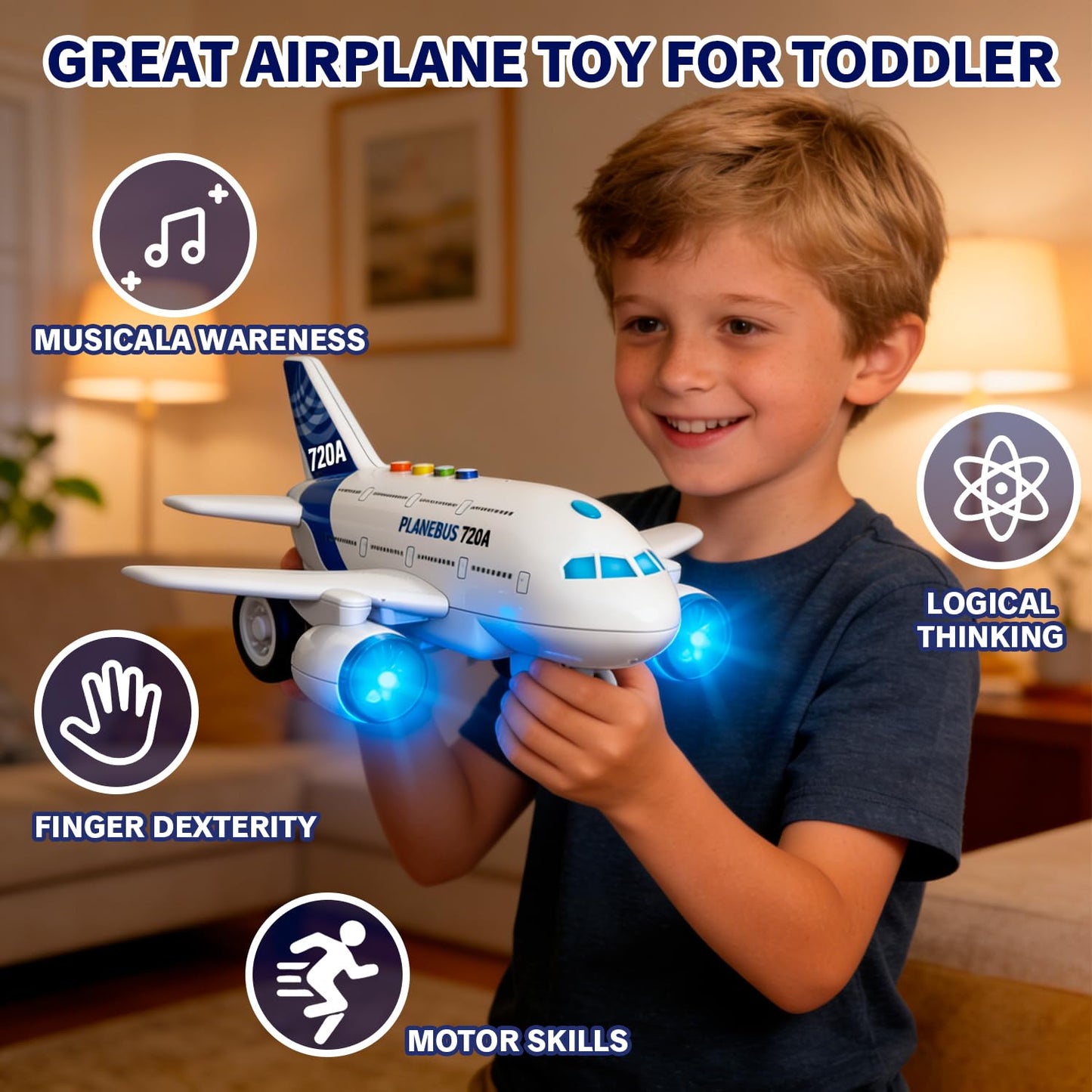 lonfypeng Kids Airplane Toy with LED Lights & Music Sounds, Electric Aircraft Toy for Toddlers Boys Girls Age 3 4 5 6, Birthday for Kids Who Love Aviation