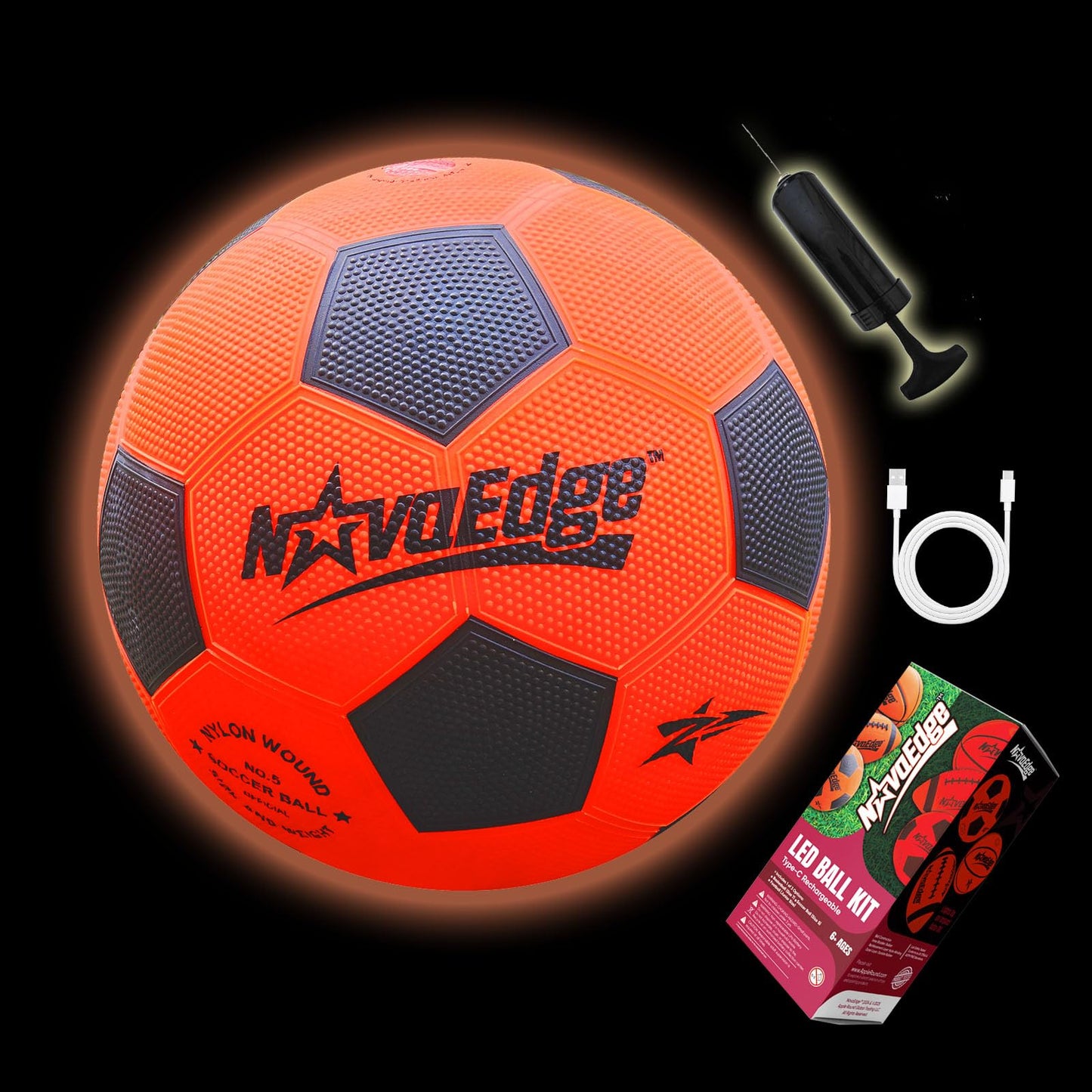 NovaEdge Glow in The Dark Soccer Ball | USB-C Rechargeable LED Light Up Ball | Official Size 5 for Kids & Adults | Gift for Boys & Girls Ages 6+ | Indoor Outdoor Night Games
