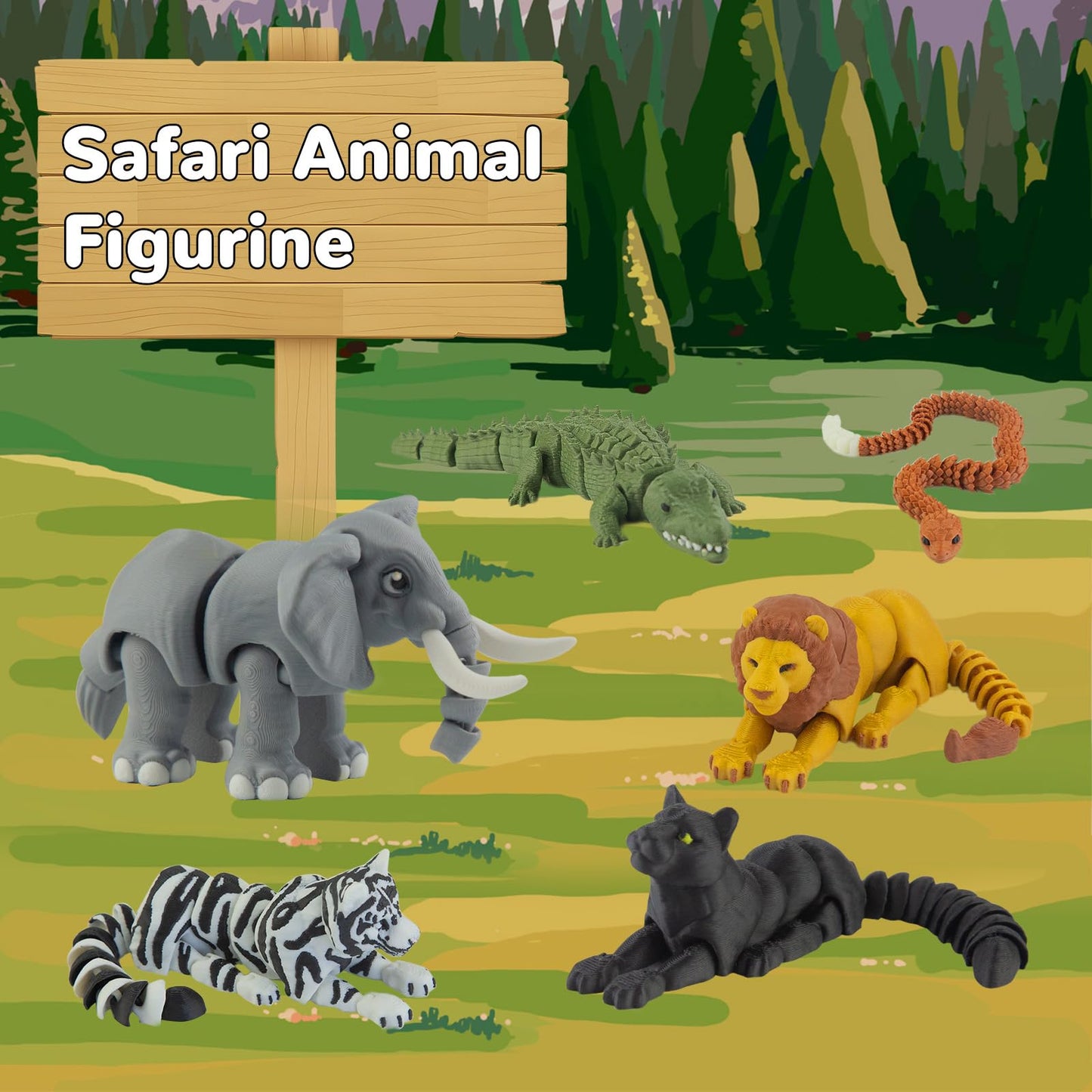 6PCS 3D Printed Safari Animals Figures Toys, Realistic Articulated Zoo Animal Toys Educational Learning Fidget Toy Cake Toppers Birthday Gift Party Favors Toy for Toddlers Kids Boys Girls