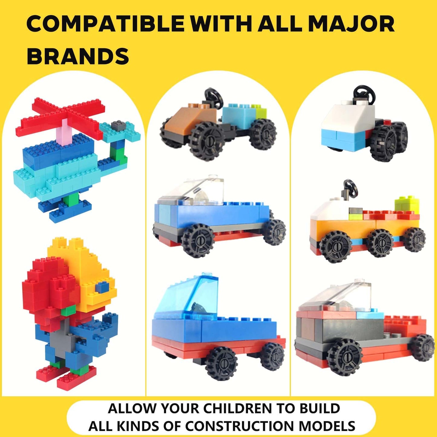 Jodicody 1100 Pieces Building Bricks, Classic Bulk Building Blocks for Kids with Wheels and Axles Sets, Steering Wheels, Windshield, Compatible with All Major Brands, Gifts for Boys Girls Age 6+