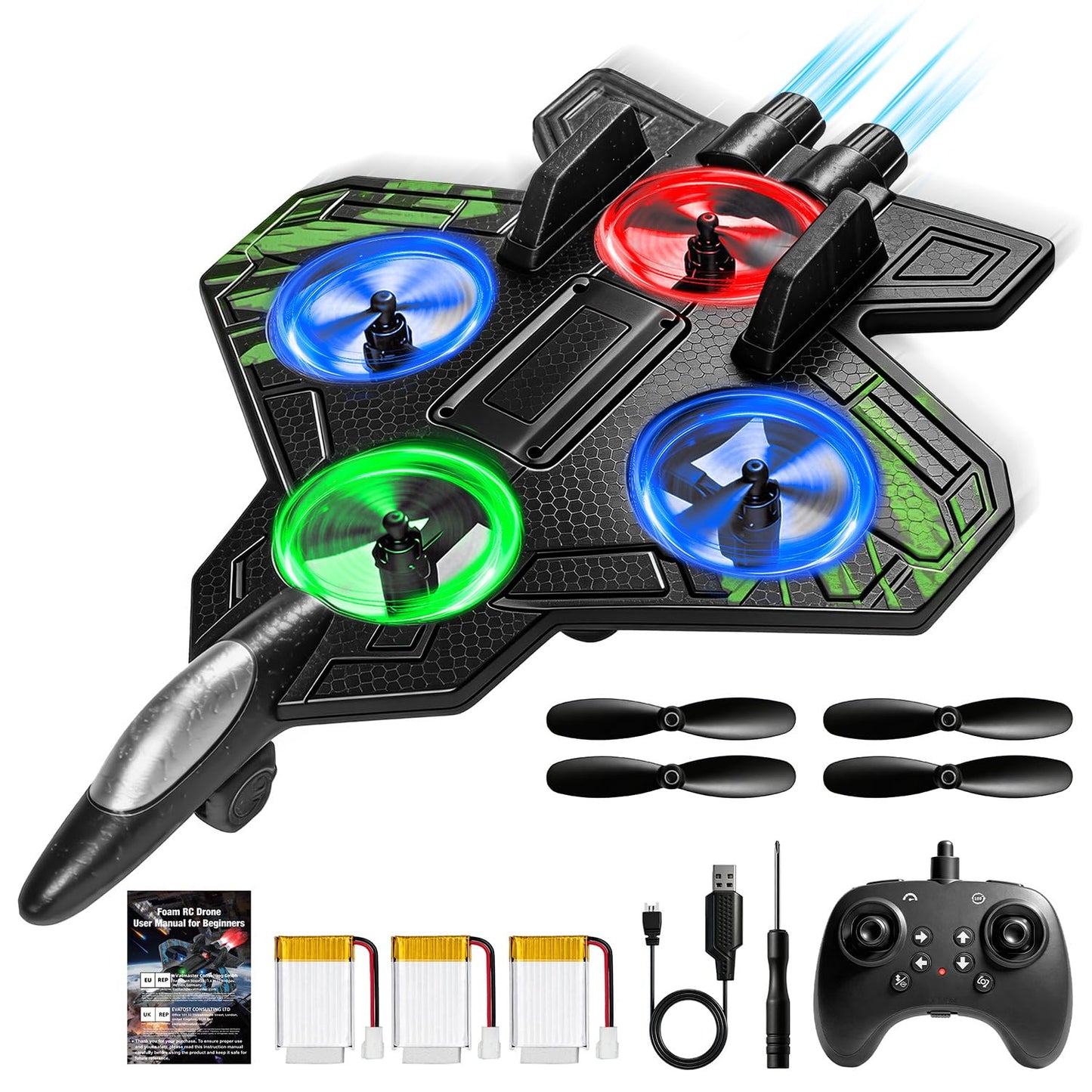 Merimon Foam RC Plane for Kids Adults, Remote Control Airplane with 3 Rechargeable Batteries, Cool Led Light and 360° Flip, Stunt RC Jet Plane Toy Gift for Kids 6+ (Olive Green-3 Batteries)