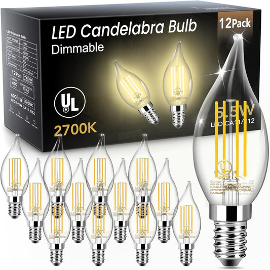 TJOY LED Candelabra Bulb Dimmable, 60W Equivalent LED Chandelier Light Bulbs, 5.5W 2700K Warm White 600LM CA11 Flame Tip Vintage Filament Candle Light with Decorative E12 Candelabra Base, 12 Pack