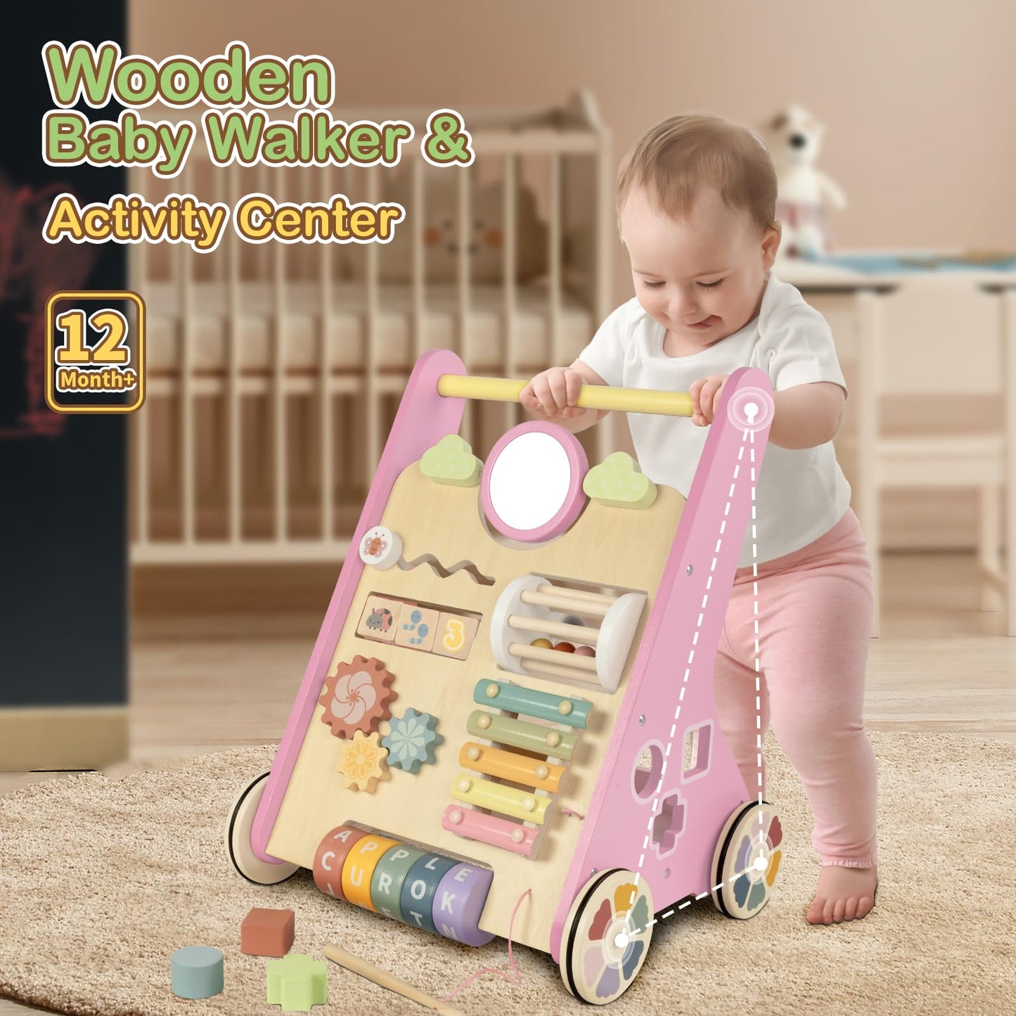 Baby Walker with Wheels, Wooden Push Walker Toys for Babies 10-12 Months, Baby Girl Walking Activity Toys for 1 Year Old