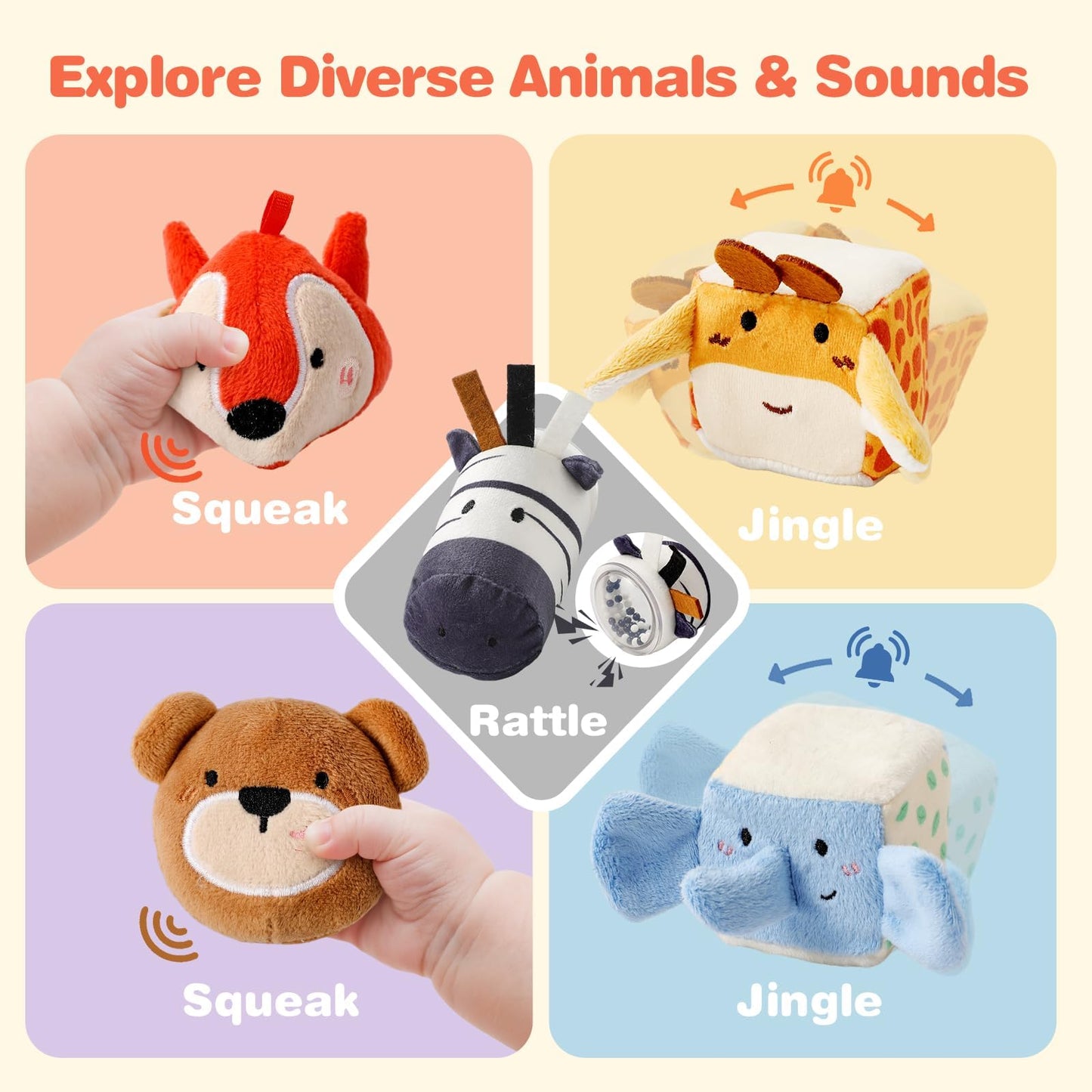 Youuys Travel Sensory Toys for Babies 6-12 Months & Toddlers 1-3 Year Old On-The-Go Montessori Soft Stuffed Animal Set with Crinkle, Rattle, Safe Mirror Educational for Kids Boy Girl