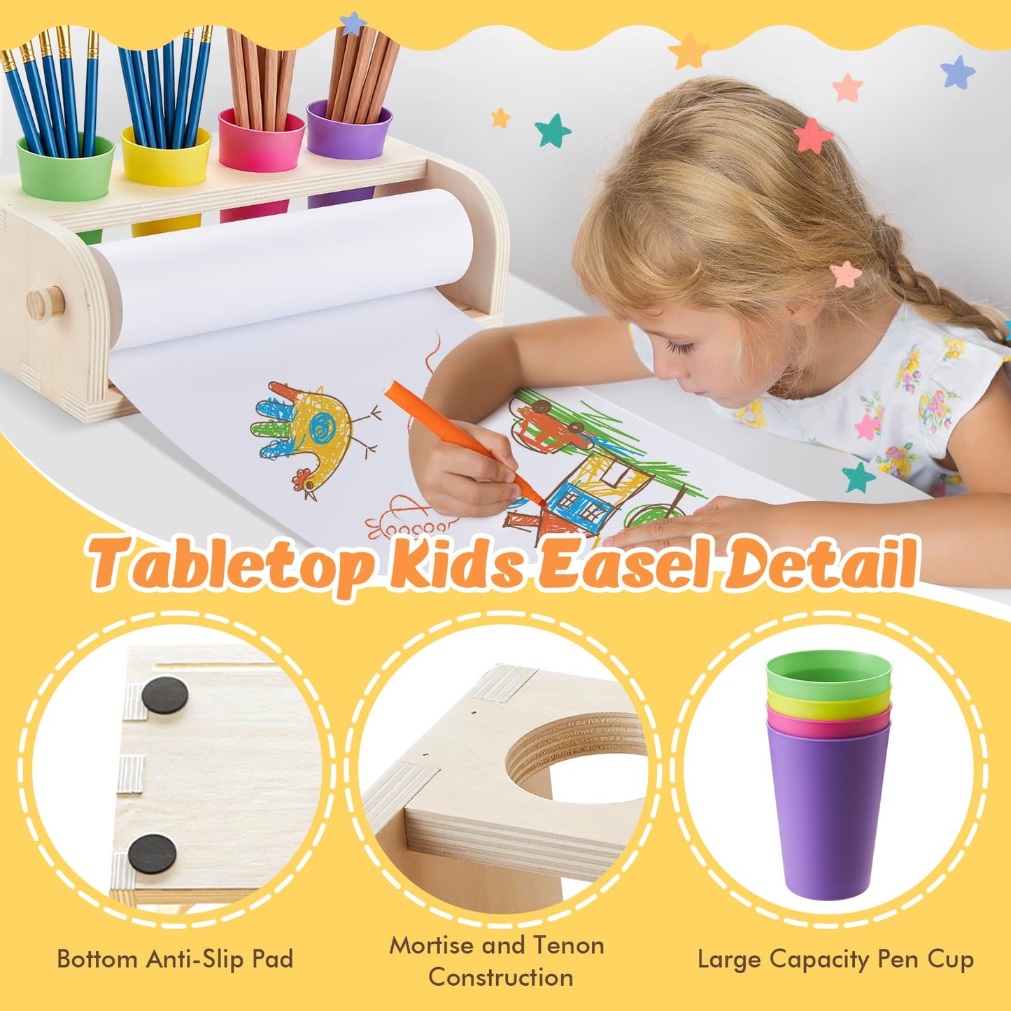 YOKUGO Kids Art Easel with Paper Roll, Desktop Painting Easel Wooden Tabletop Paper Roll Dispenser with Blue Silicone Painting Mat & Puzzle, Table Top Art Kit for Kids & Toddlers