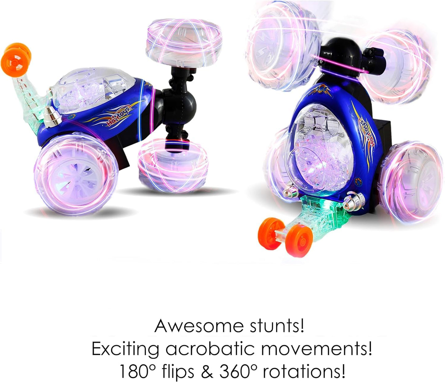 Haktoys Rechargeable RC Tornado Stunt Car – 360° Flip Remote Control Turbo Twister Vehicle with Lights & Music | Double-Sided Spinning Car Toy for Toddlers Kids Boys Girls (Blue)