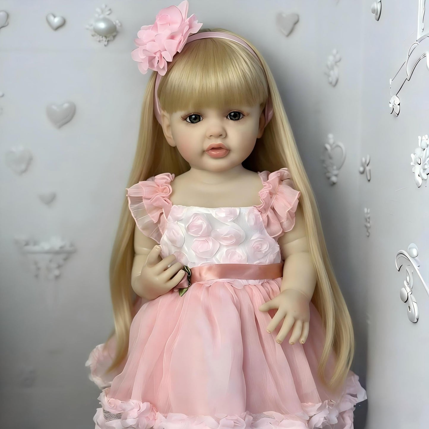 Pinky Lovely 22inch 55cm Reborn Baby Dolls Girl Real Life Full Body Soft Vinyl Newborn Baby Dolls Realistic Look Long Hair Princess Baby Doll Toy for Ages 3+