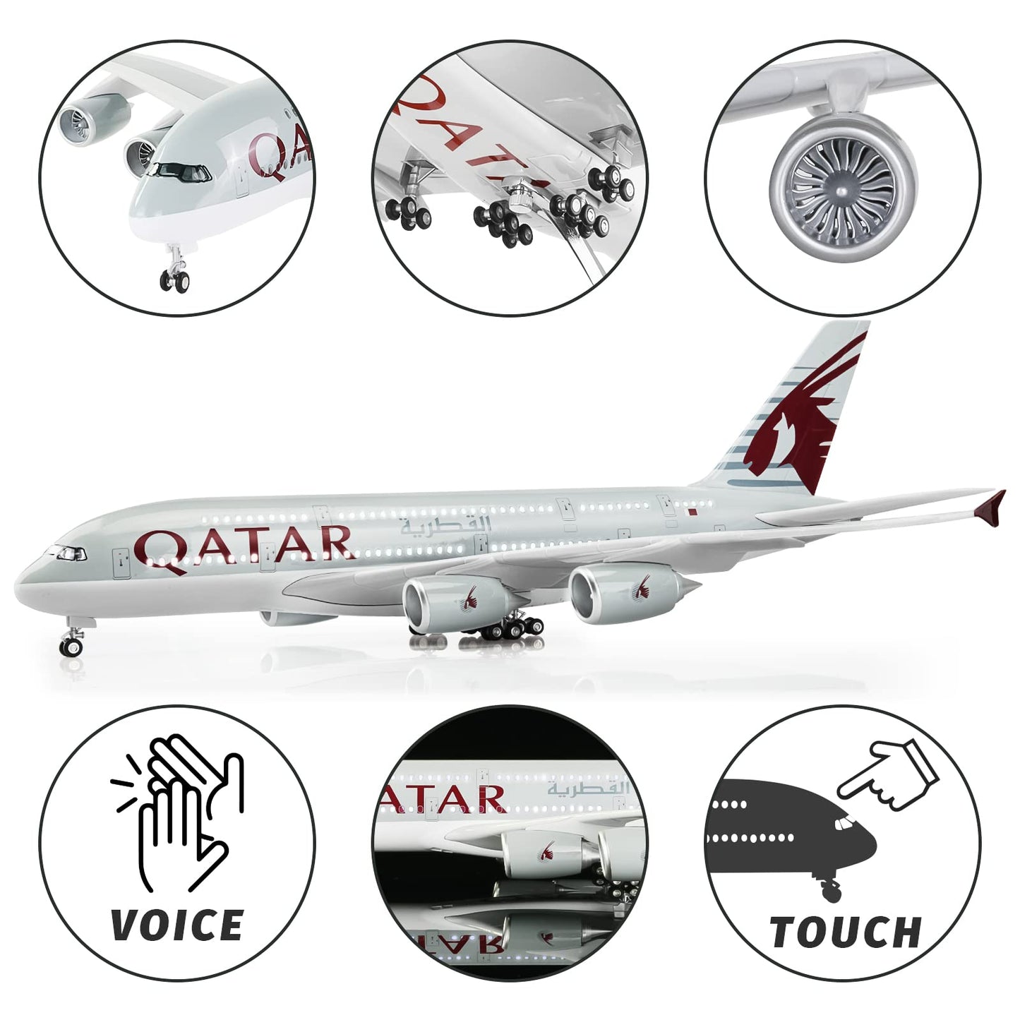 Lose Fun Park 1:160 Scale Large Model Airplane Qatar A380 Plane Models Diecast Airplanes with LED Light for Collection or Gift