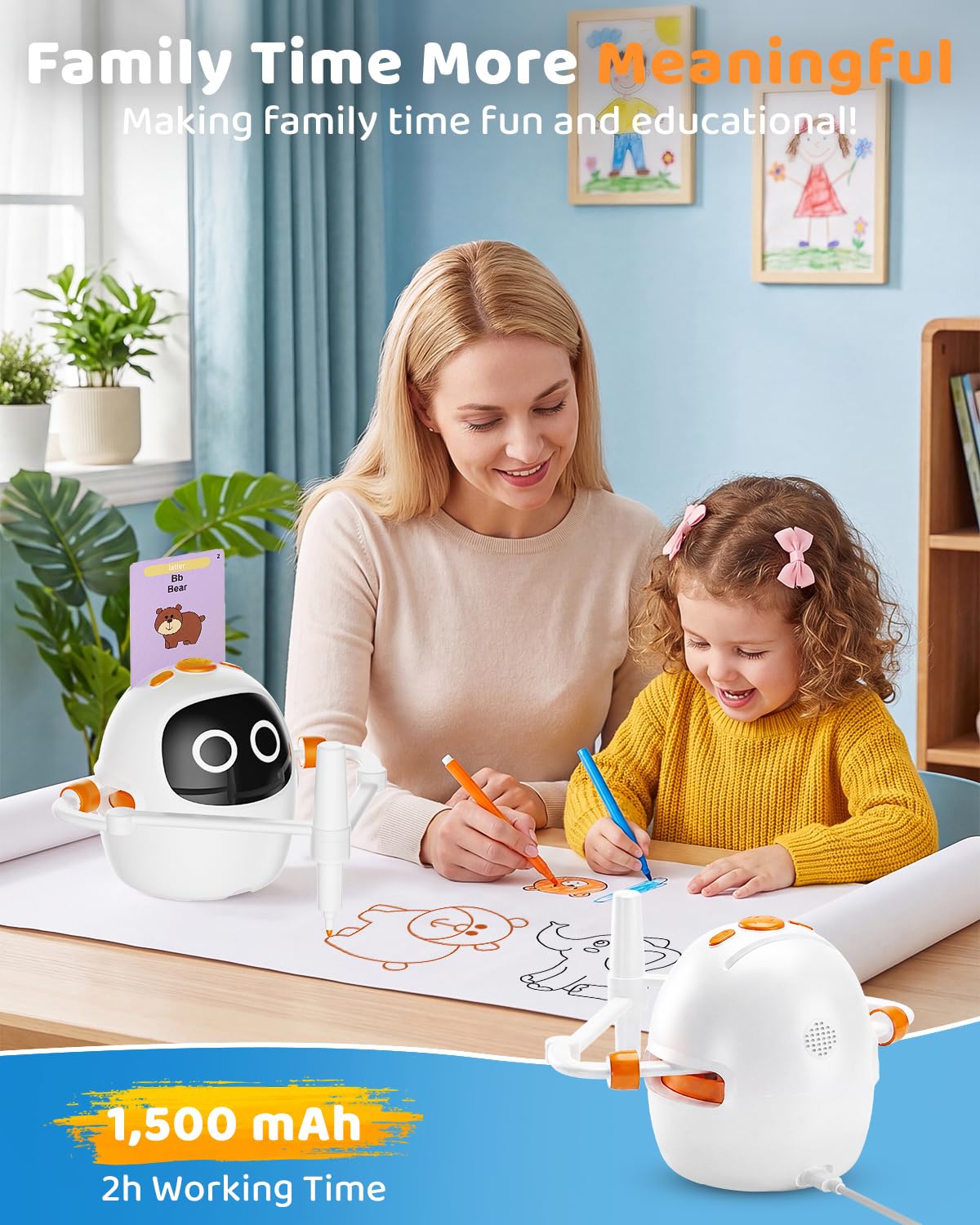 Drawing Robot for Kids Ages 3-8, Rechargeable Interactive Educational Drawing Machine with 200+ Cards & 12 Pens, Montessori Painting Learning Toy, Birthday for Boys & Girls