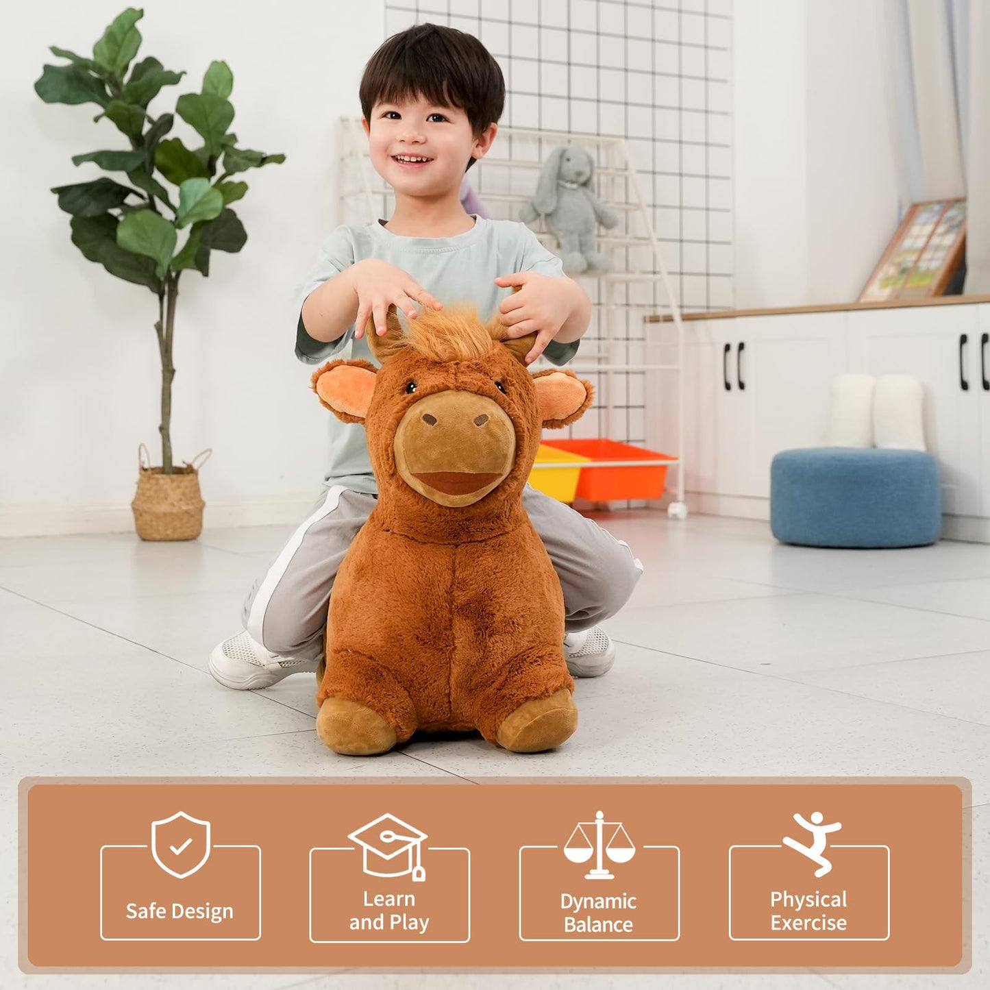 INPANY Bouncy Bull Hopping Toys - Toddler Brown Plush Cow Hopper, Kids Inflatable Farm Animal Hopper Horse, Outdoor Indoor Ride on Rubber Bouncer, Toys for 2 3 4 Year Old Boy Girl Birthday Gifts