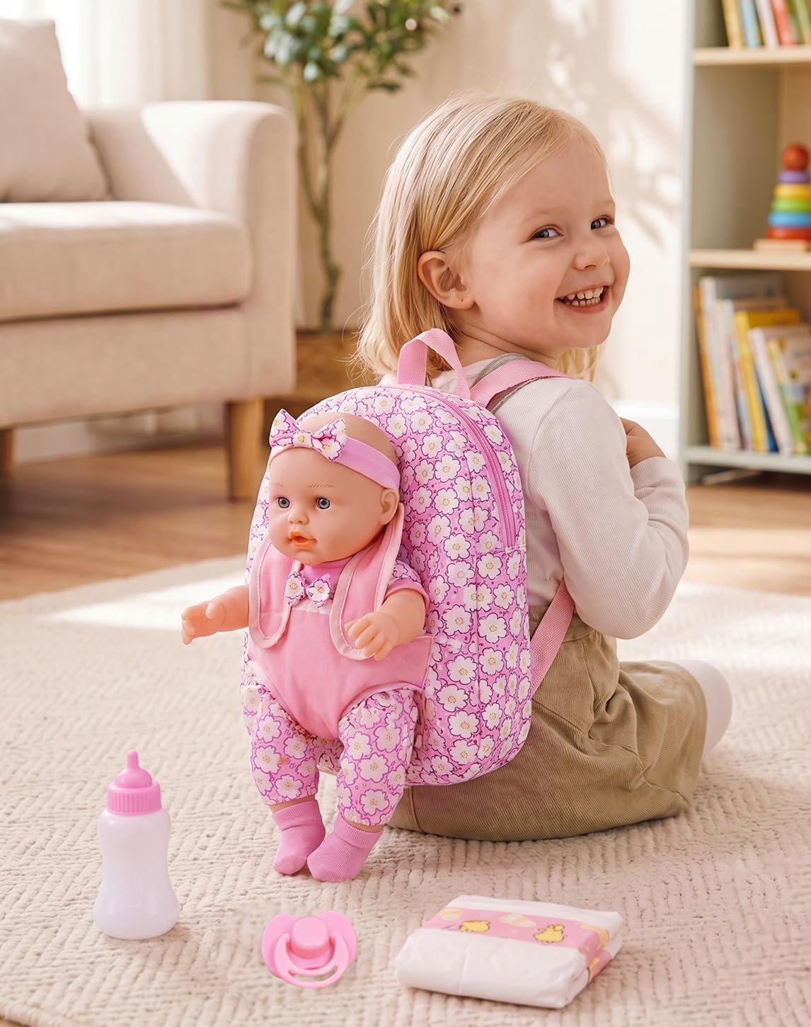 UZIDBTO 12 Inch Baby Dolls with Backpack Carrier Can Store Doll Clothes and Accessories,12" Reborn Baby Doll Set in Gift Box with Feeding Bottle Nipple Diaper for Kids Toddler Age 3+