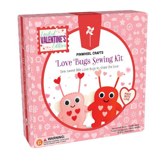 Valentine Gift for Kids, Love Bugs Kids Sewing Kit - Make & Gift Felt Plush Craft, Sew 2 Stuffed Love Bugs (Red & Pink), Precut Felt, Needle, Thread, Polyfill, Googly Eyes, Gift Cards, Ages 5+