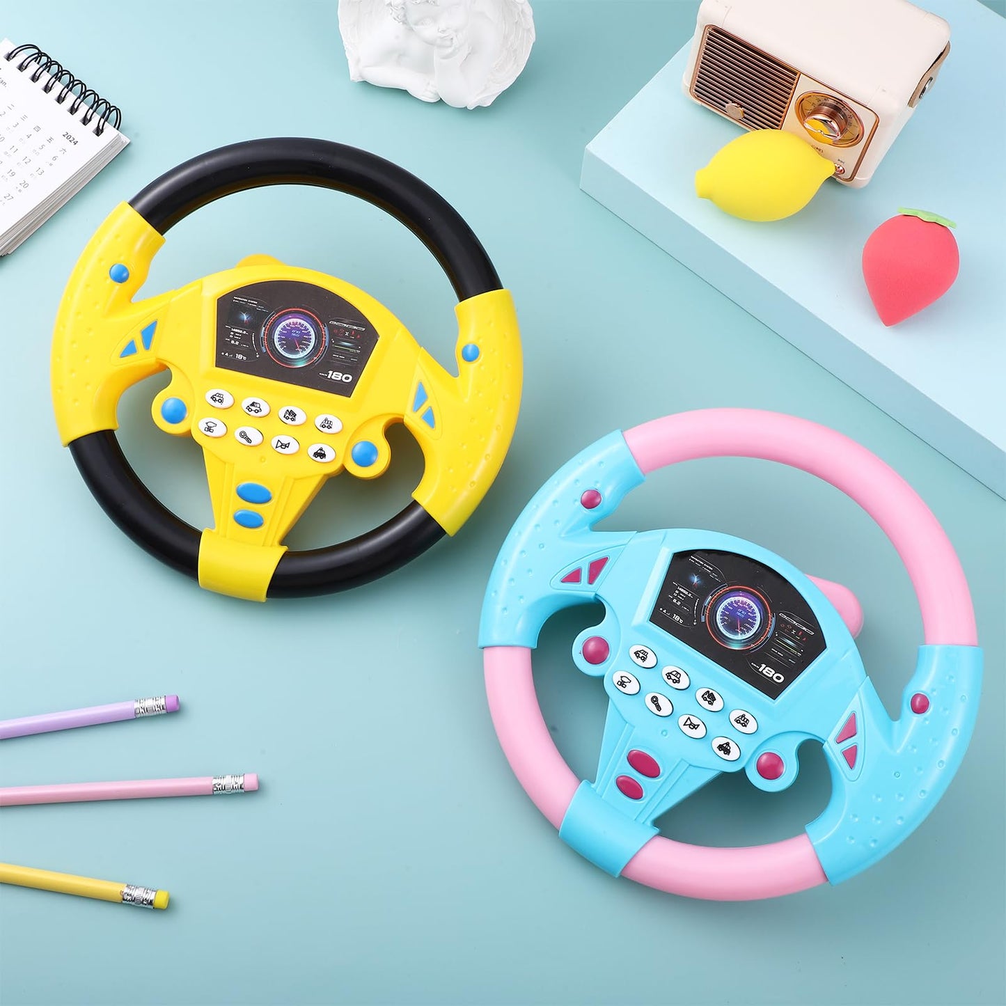 Homoyoyo 2Pcs Toy Steering Wheel for Kids, Simulated Driving Controller with Music for Car, Fake Steering Wheel Electric Early Learning Educational Toy for Boys and Girls (1Black&Yellow/1Powder&Blue)