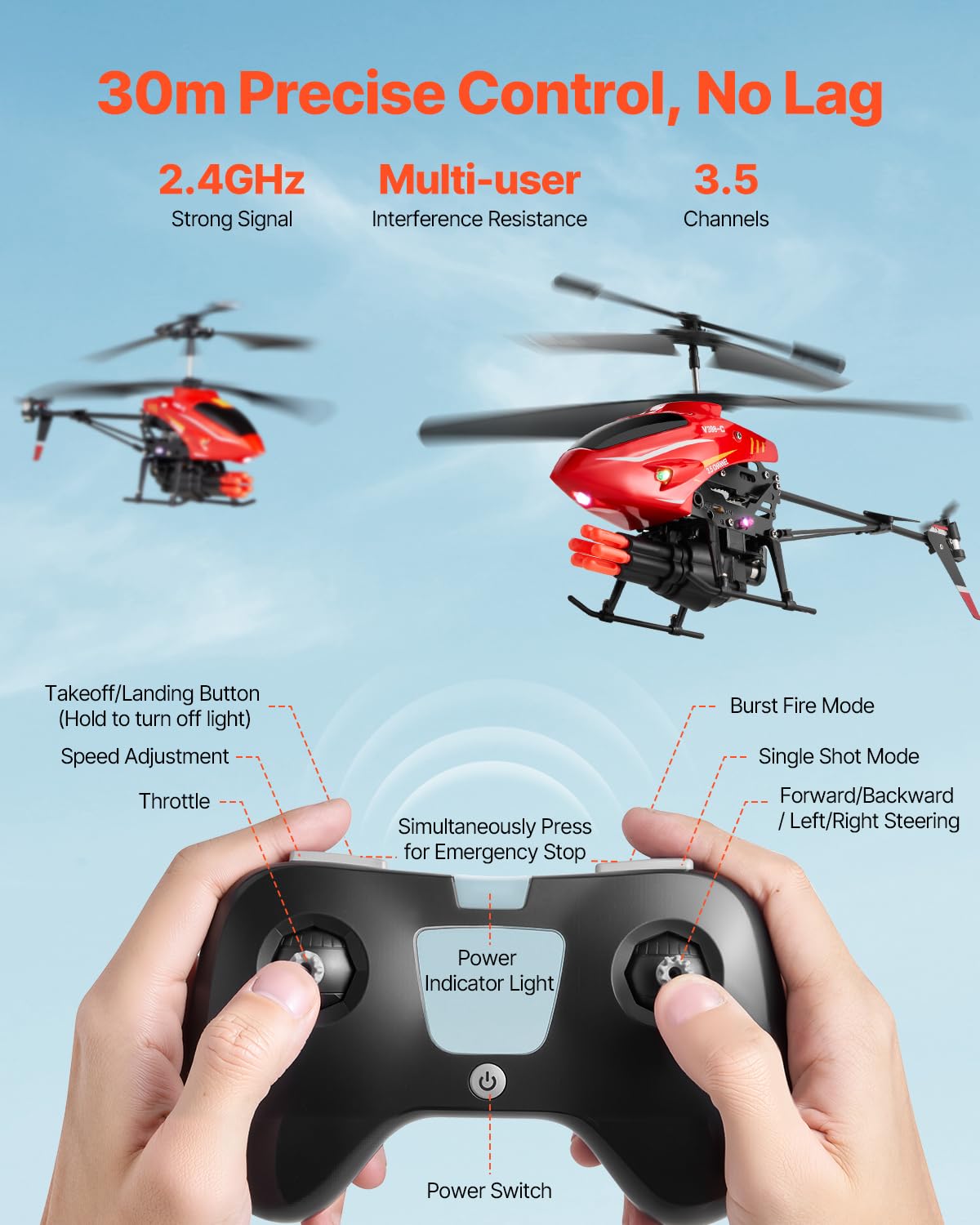 VEVOR RC Helicopter, 2.4GHz Flying Remote Control Helicopter with Shooting Mode, 3.5 Channel RC Airplane for Kid, Altitude Hold, One-Key Takeoff/Landing & LED Lights, Toys for Kids