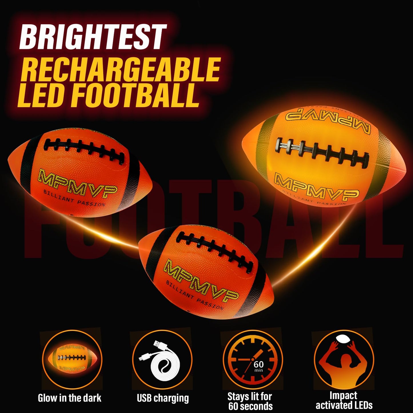 Cadyaw Glow in The Dark Football, Light Up LED Football Size 6, USB Rechargeable, Cool Outdoor Sports Boy Toys for Night Games, Birthday Gifts for Kids & Teens Age 6–12