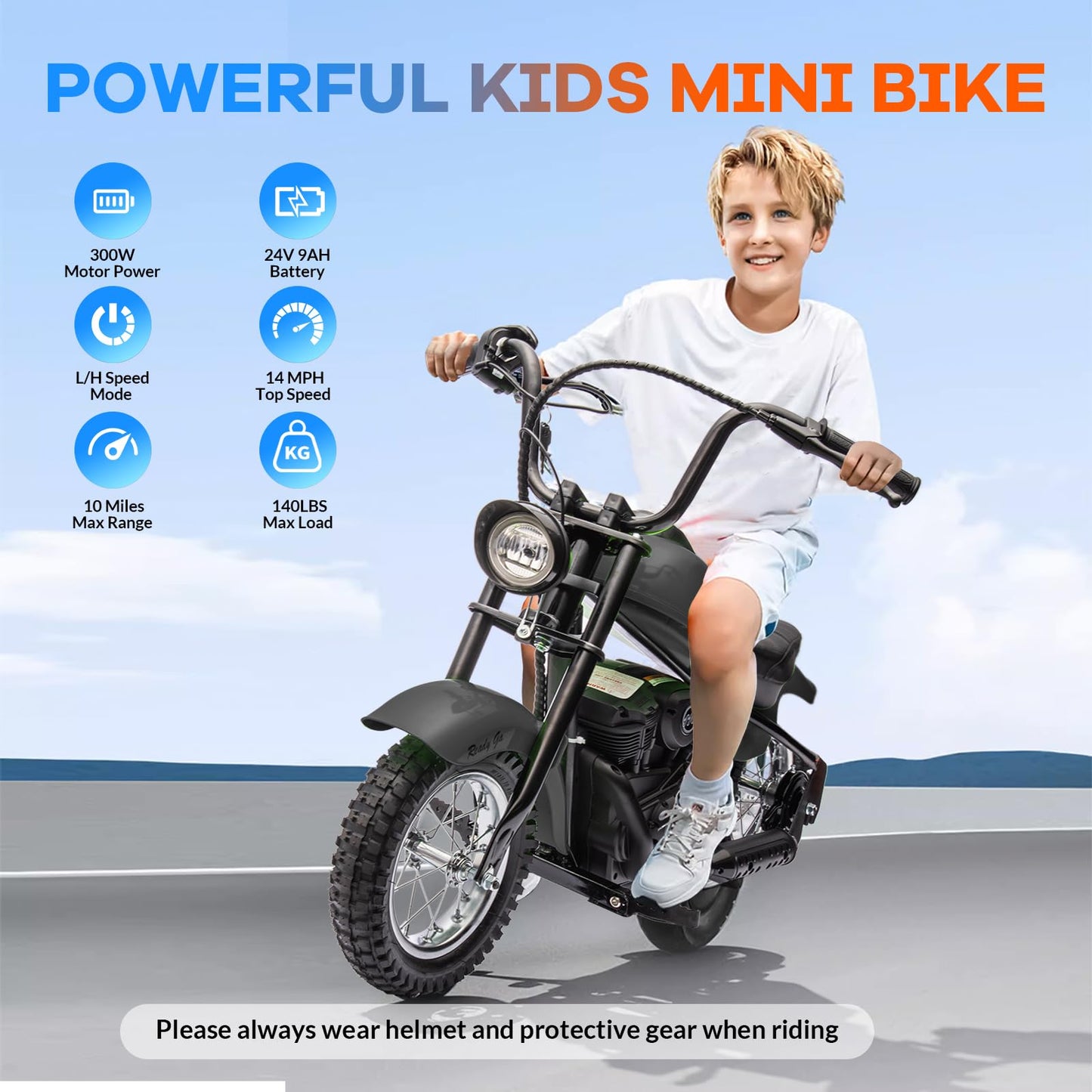 Garveelife Electric Dirt Bike, 15 Mph & 150lb Max, 24V Ride On Toy for Big Kids w/Led Lights & Power Display, 300W Chain-Driven Motor, Two Speed, Handbrake, Leather Seat, 12" Air-Filled Tires, Black