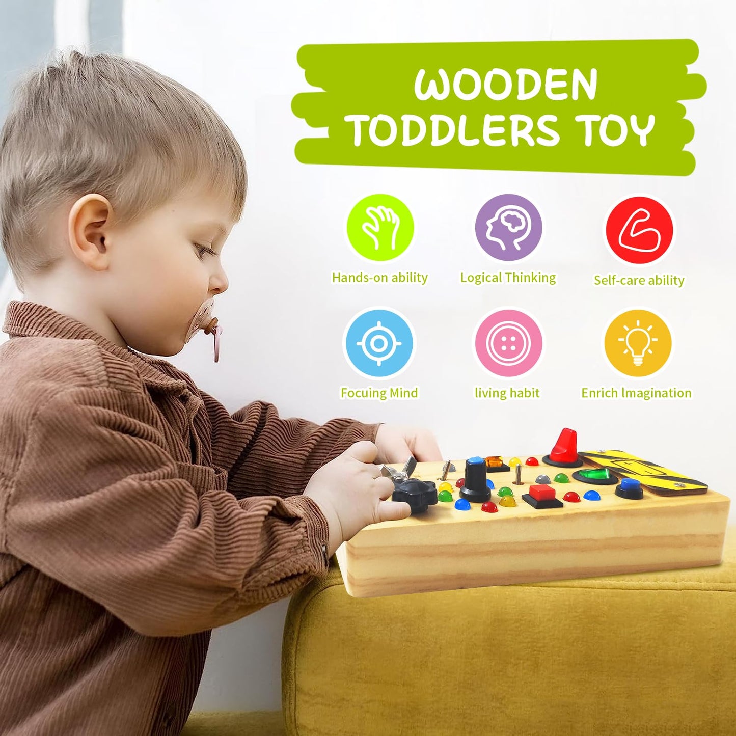 TenFans Montessori Busy Board with 8 LED Light Modes - Sensory Toys for 3-5 Year Olds & Airplane Travel, Wooden Activity Board Develops Fine Motor Skills