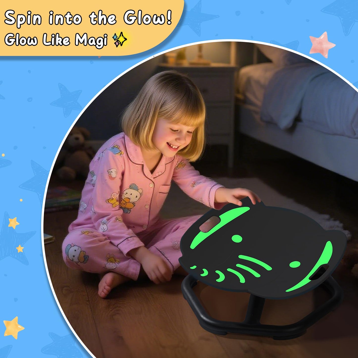 HAPPYMATY Spinning Chair for Autistic Kids, Glow-in-The-Dark Elephant Sensory Chair, Autism Sensory Toys, Sit and Spin Swivel Seat ADHD Must Haves, Supports Balance & Coordination, Ages 3+ (Blue)