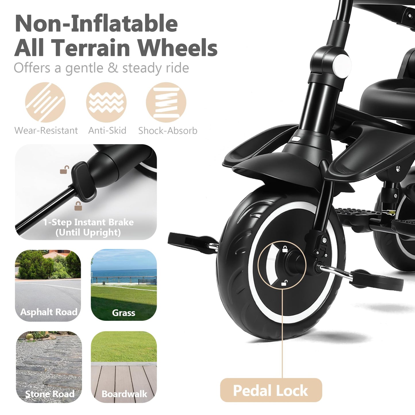 Kinder King Kids Trike Tricycle for Toddlers 1-3, 8 in 1 Folding Toddler Tricycle Bike w/1-Step Brake, Adjustable Push Handle, Rotatable Seat, Adjustable Canopy, Bell, 5-Point Harness, Storage, Black