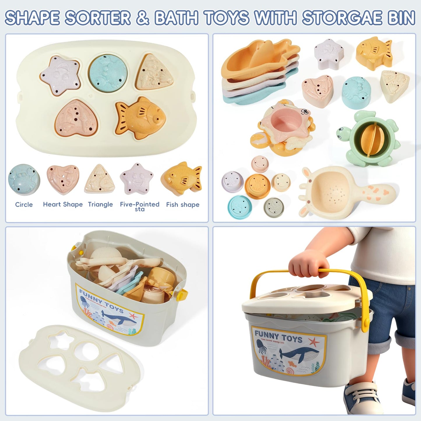 Baby Bath Toys, 21PCS | Easy Clean & Mold Free Bath Toys for Babies 6-12 Months | Educational Shape-Sorting Lid & Baby Stacking Cups | Tub Water Pool Beach Toy for Baby Gift with Portable Storage Bin