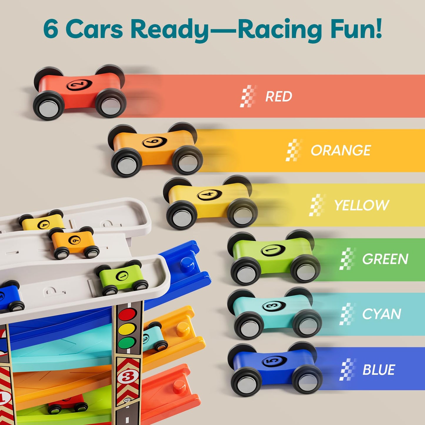 TOP Bright Wooden Race Track Car Ramp Toys for Toddlers 1-3 Years Old with 6 Mini Cars, 1 Car Garage & Extra Bridges, Toddler Montessori Toys for 1 Year Old Boys Girls Birthday