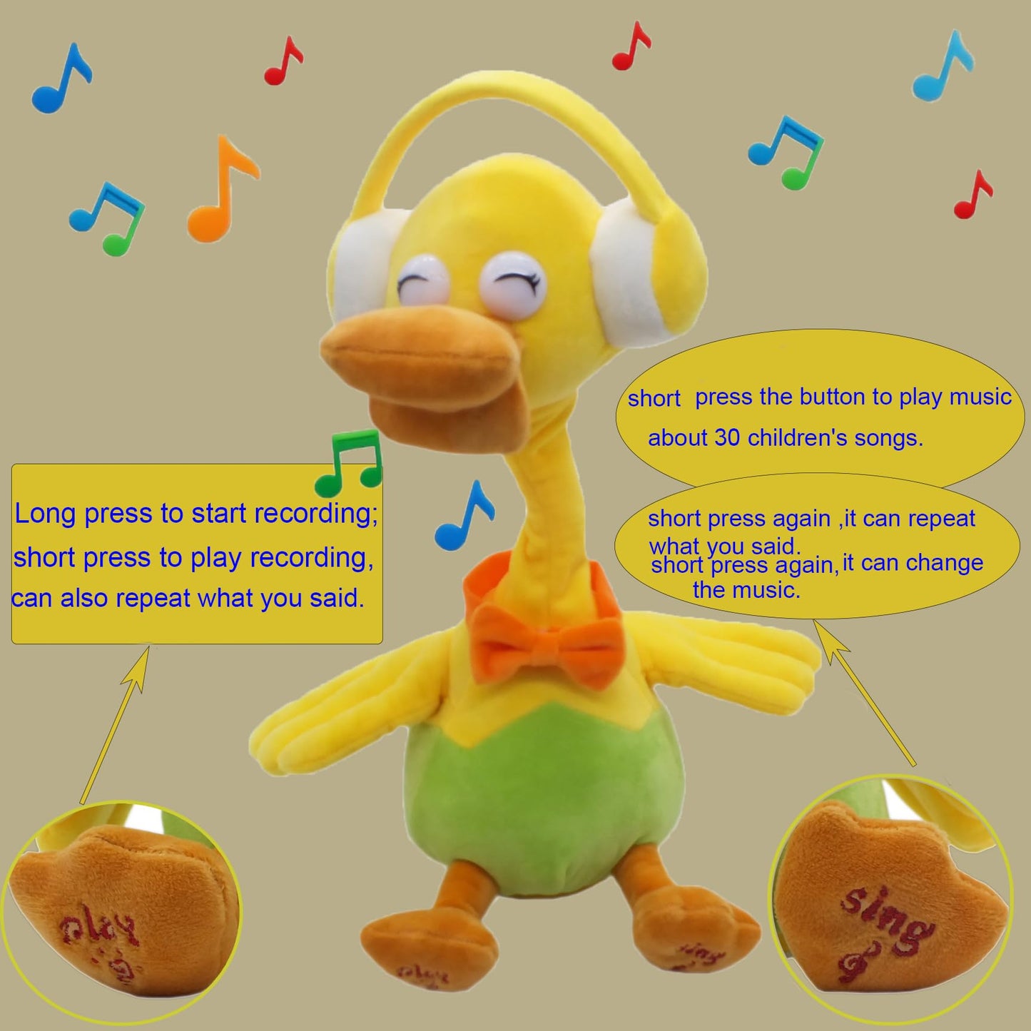 Talking Duck Toy Mimicking Recording Plush & Interactive Toy ，With Twisting Neck and Flapping Wings, Repeating What You Say，Singing, Recording, for Kids Gift for Boy & Girl（Headphone Duck Toy).