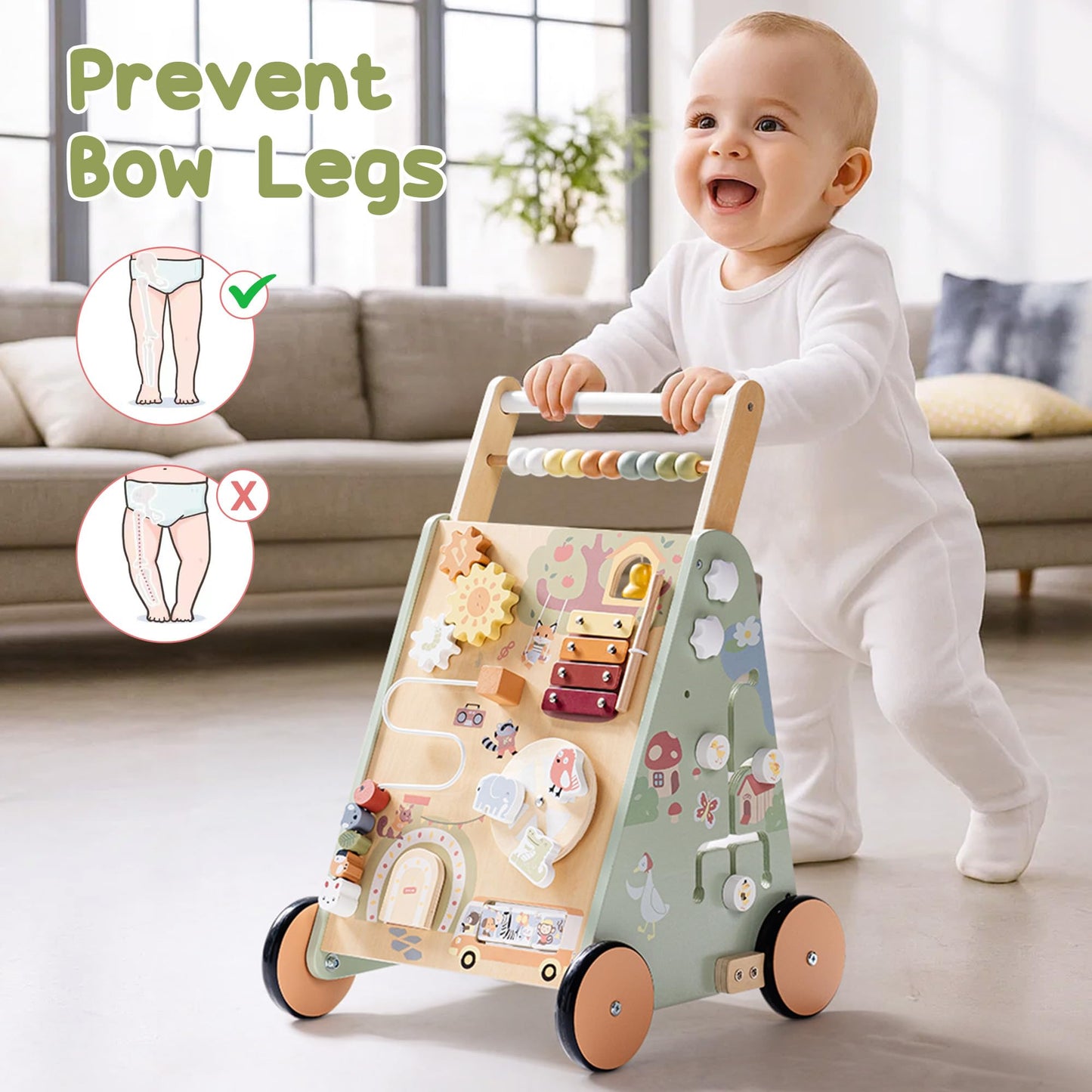 ROBOTIME Baby Walking Toy, Adjustable Speed & Height Wooden Baby Walker Push Toy, Montessori Toddler Push Toy with Brake, Storage & Multi-Activity Play Center for 10M+ Kids (Forest Fairy Tale)