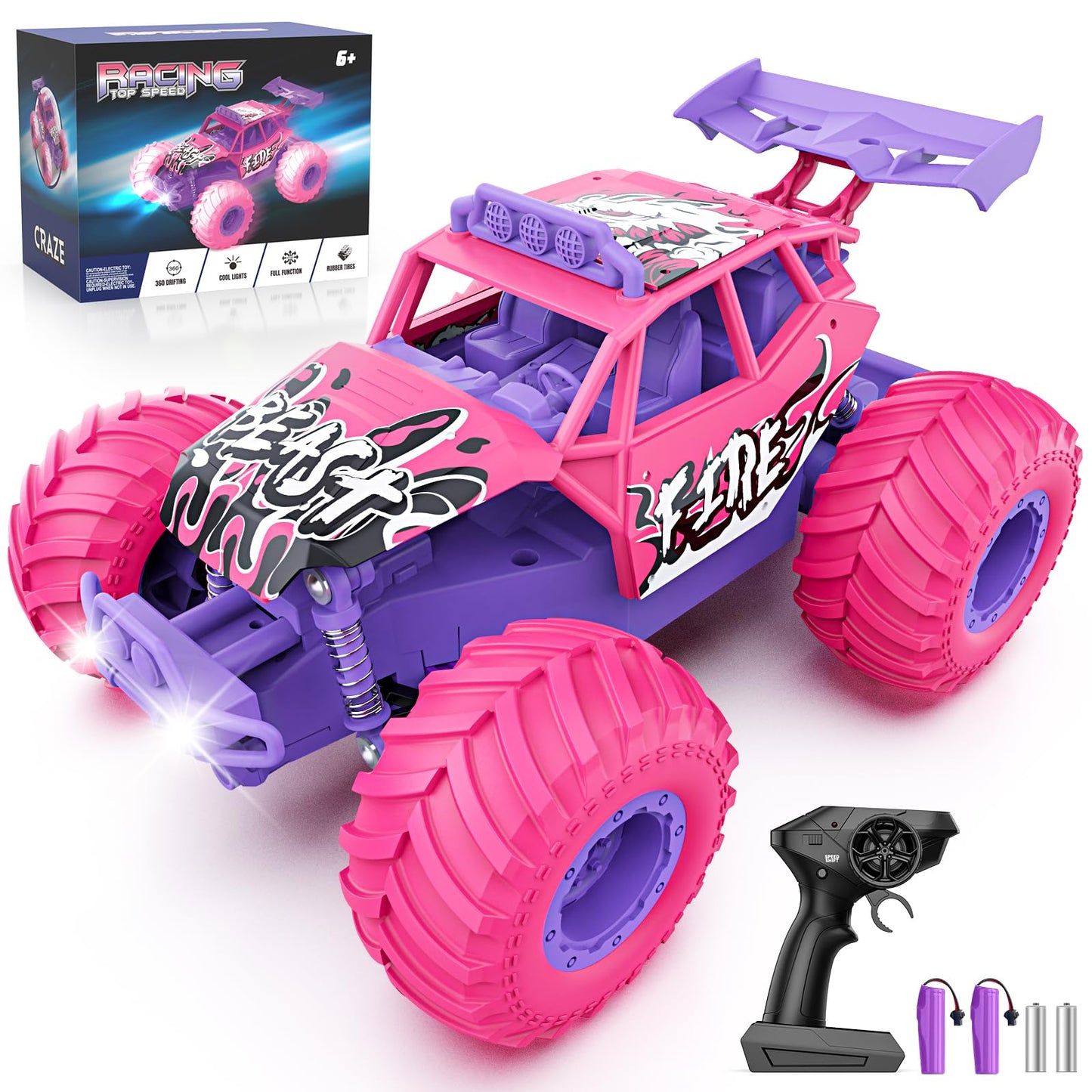 Meislane Remote Control Car, All Terrain RC Cars with Speed Switch RC Truck with LED Headlight and Rechargeable Batteries, 20KM/H Monster Truck Toys Gift for Girls Age 6-8 8-12, Pink
