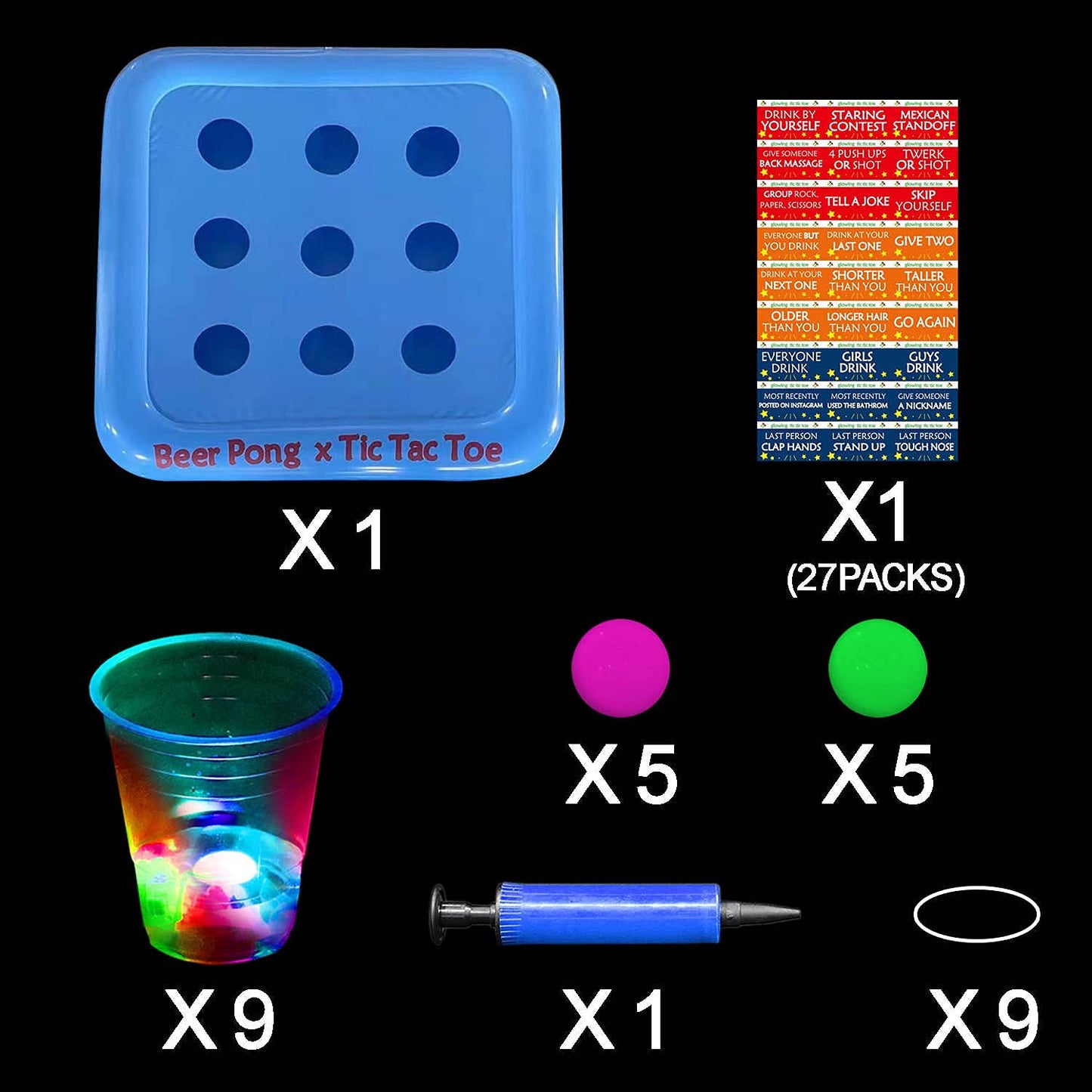 Ahuimeius 23 x 23 Inch Glowing Pool Party Rack Tic Tac Toe Floating Rafts, Swimming Pool Pong Party Game Drinking Game and Drink Holder, Includes 1 Rafts 9 Cups and 10 Pong Balls, Flashing Color 1