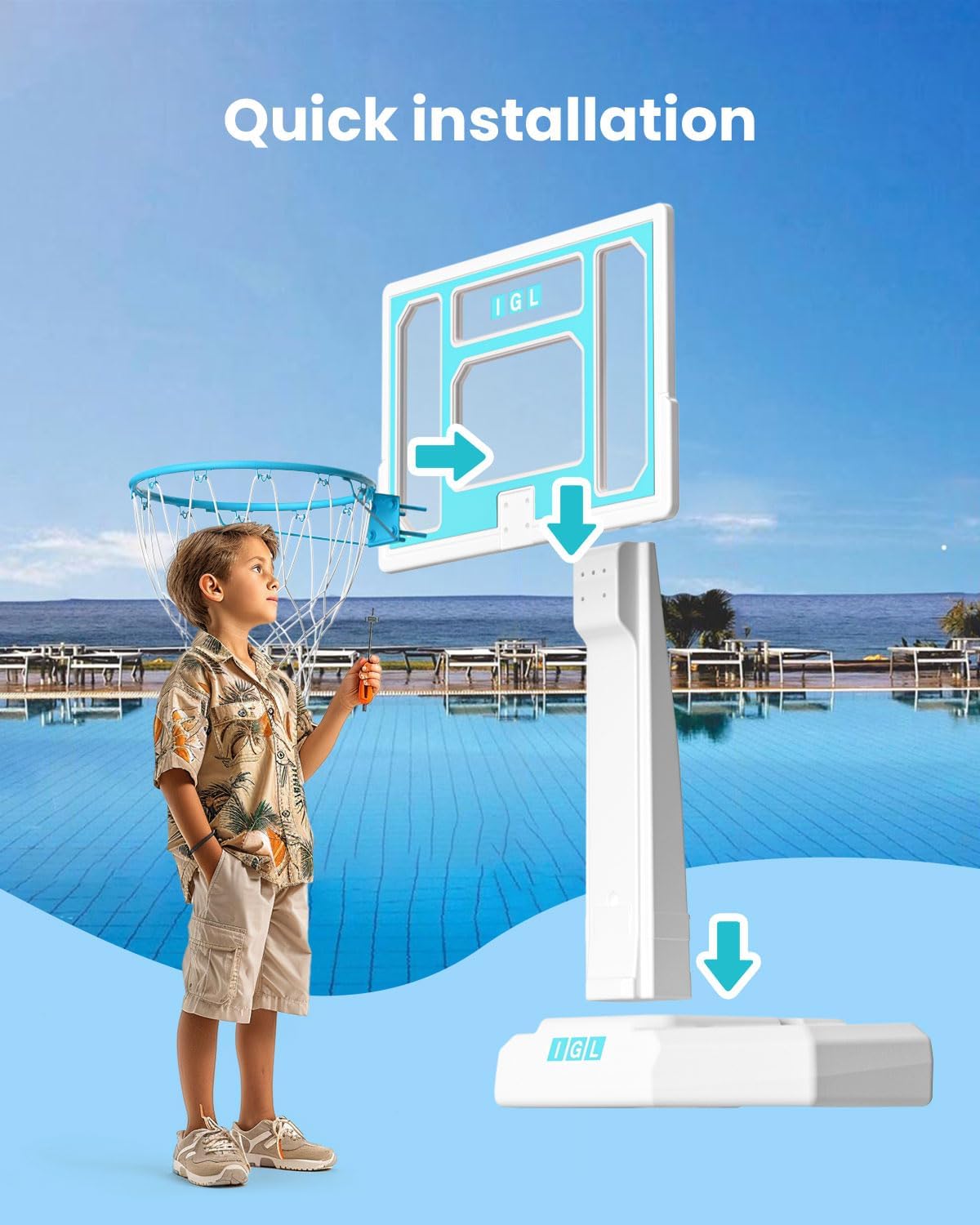 IGL Pool Basketball Hoop Outdoor, Outdoor Poolside Basketball Hoop, Base & Stand Double Water Storage with 2 Ball & Inflator, Stainless Steel Basketball Rim, Fixed Height (32in Backboard)