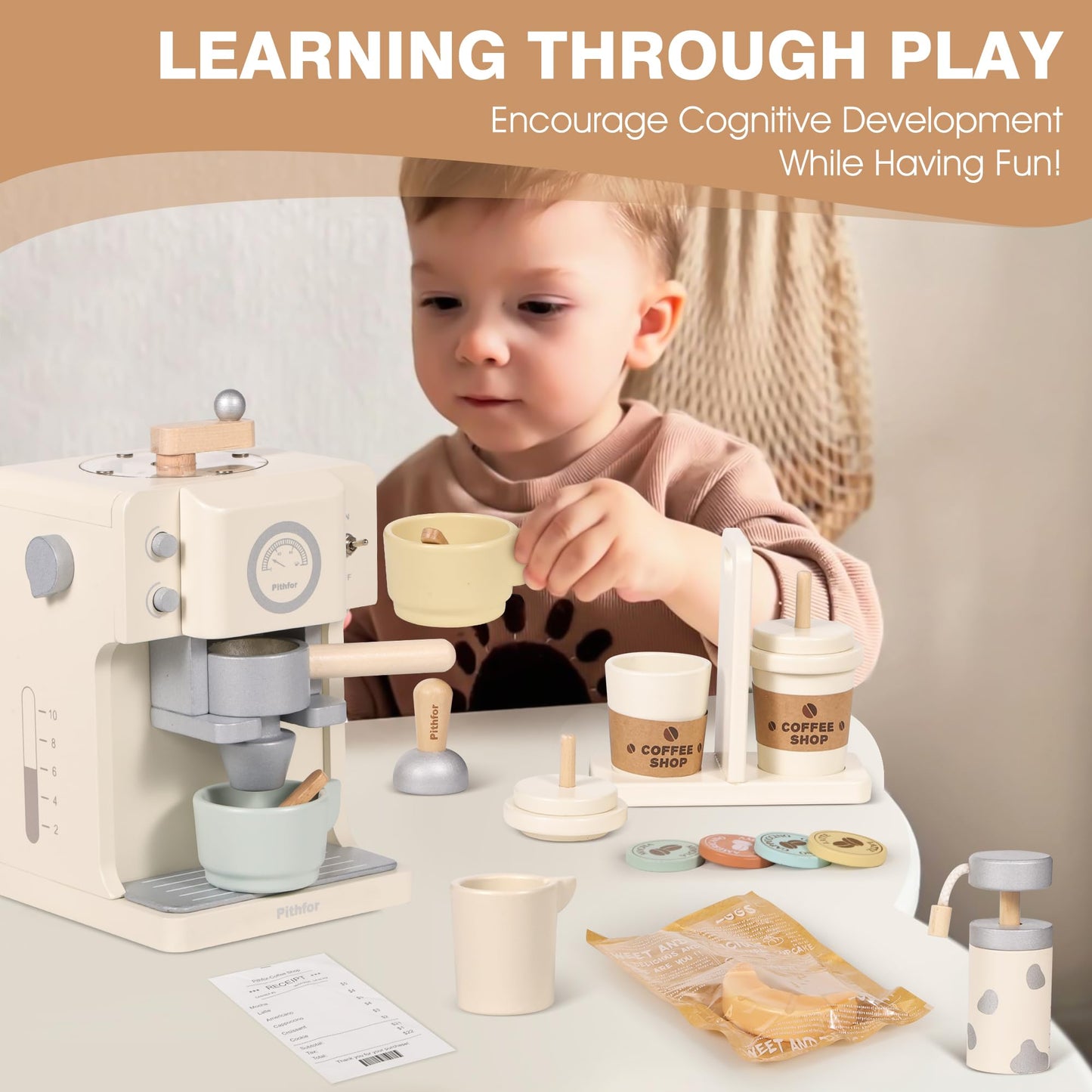 Pithfor Kids Wooden Coffee Playset with Grinder, Toy Coffee Maker for Kids Toddlers, Pretend Play Kitchen Appliances & Accessories Toy Gift for Boys Girls