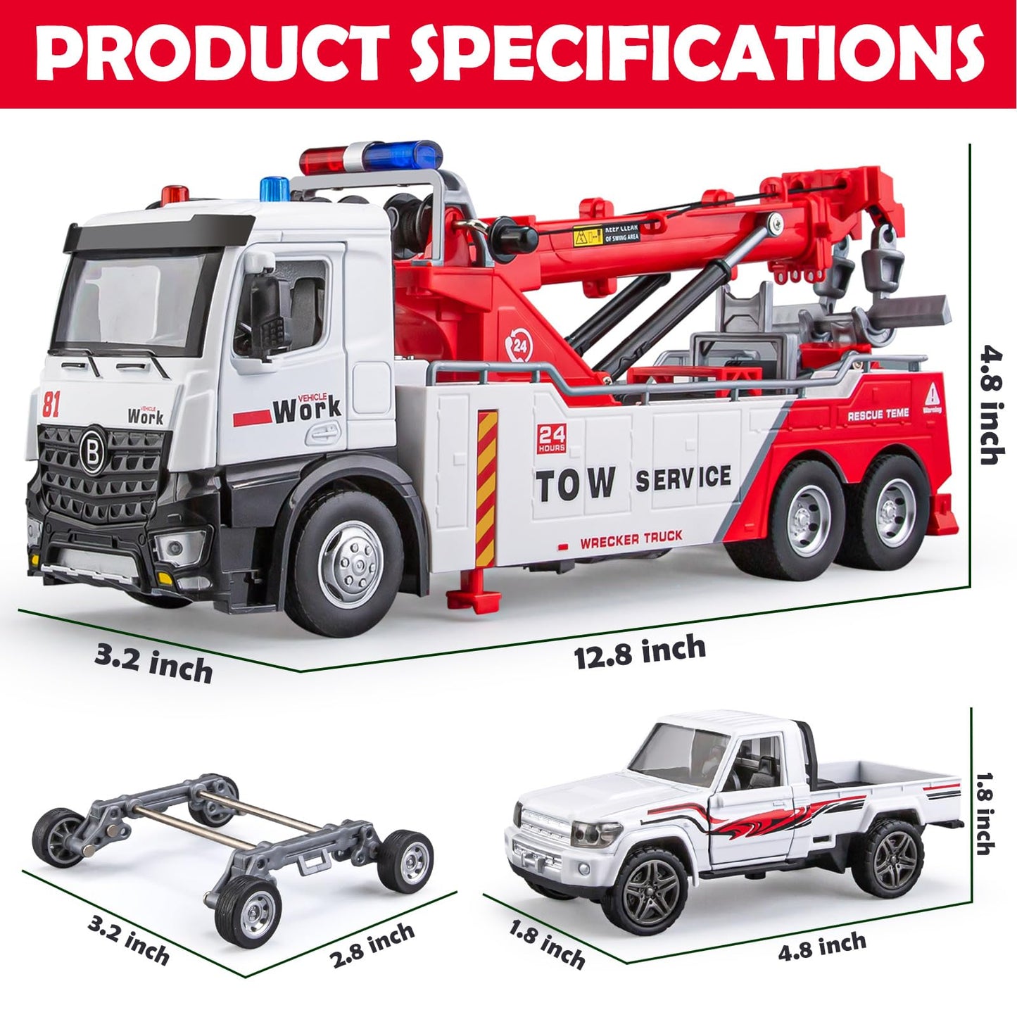 HAPYAD Tow Truck Toy for Boys, Metal Tow Truck with Crane Toy Model, Construction Vehicles with Lights and Sounds, Gift for Kids