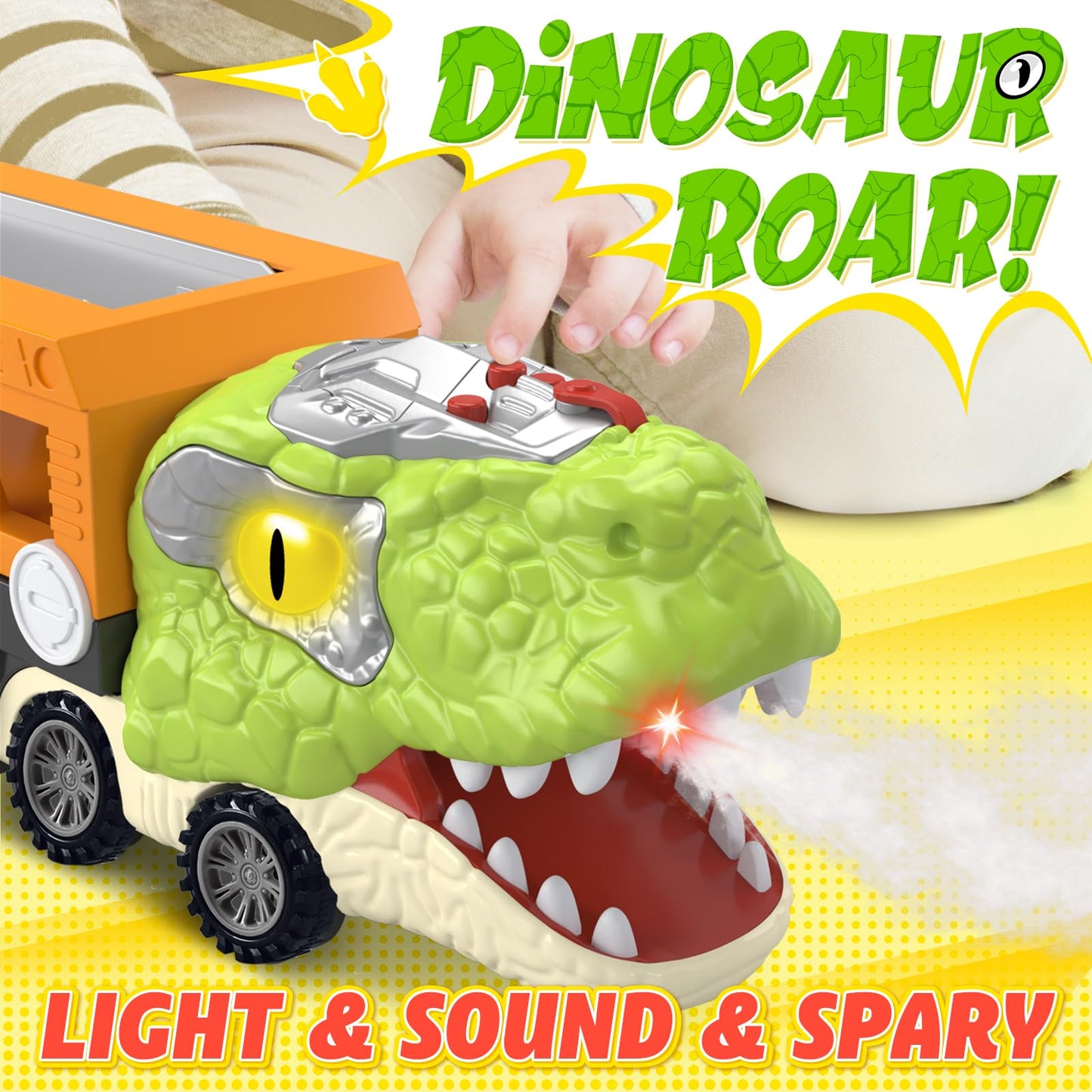 SpringFlower 11 in 1 Dinosaur Toys, Dinosaur Toys for Kids 3-5, Dinosaur Truck with 10 Pull Back Cars, Toddler Boy Toys Age 3 4 5, Boy Birthday Gifts with Sounds & Lights & Spray