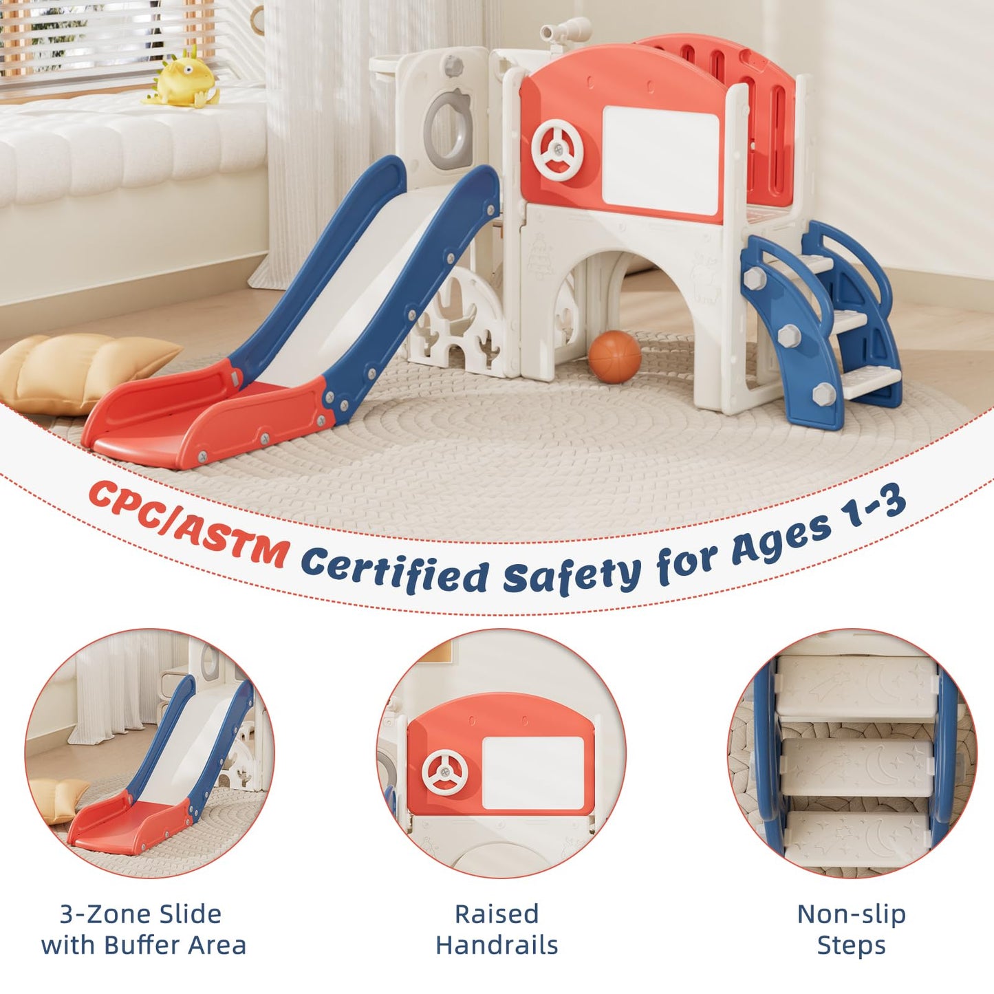 67i 10 in 1 Toddler Slide Playset for 1-3 Years - 1-Hour Easy Assembly, Sturdy Compact Design, Indoor/Outdoor Playground with Drawing Board, Golf & Climbing Skill Development (Red Blue)
