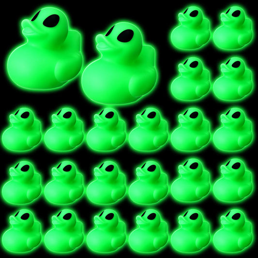 Leyndo 24 Alien Duck Figures Glow in The Dark Rubber Aliens Party Favors Decoration Green Squeaky Duck Figurine to Hide and Seek Bath Toys Bag Fillers Bulk Gifts for Space Party Supplies