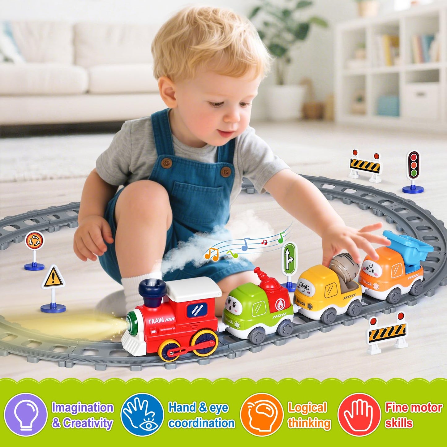 Train Set for Toddlers w/Steam, Sound & Lights, Toddler Toys for Age 2-4, Electric Train Set with Tracks Road Signs, Magnetic Train Toys Christmas Birthday Gifts for 2 3 4 5 Year Old Boys & Girls