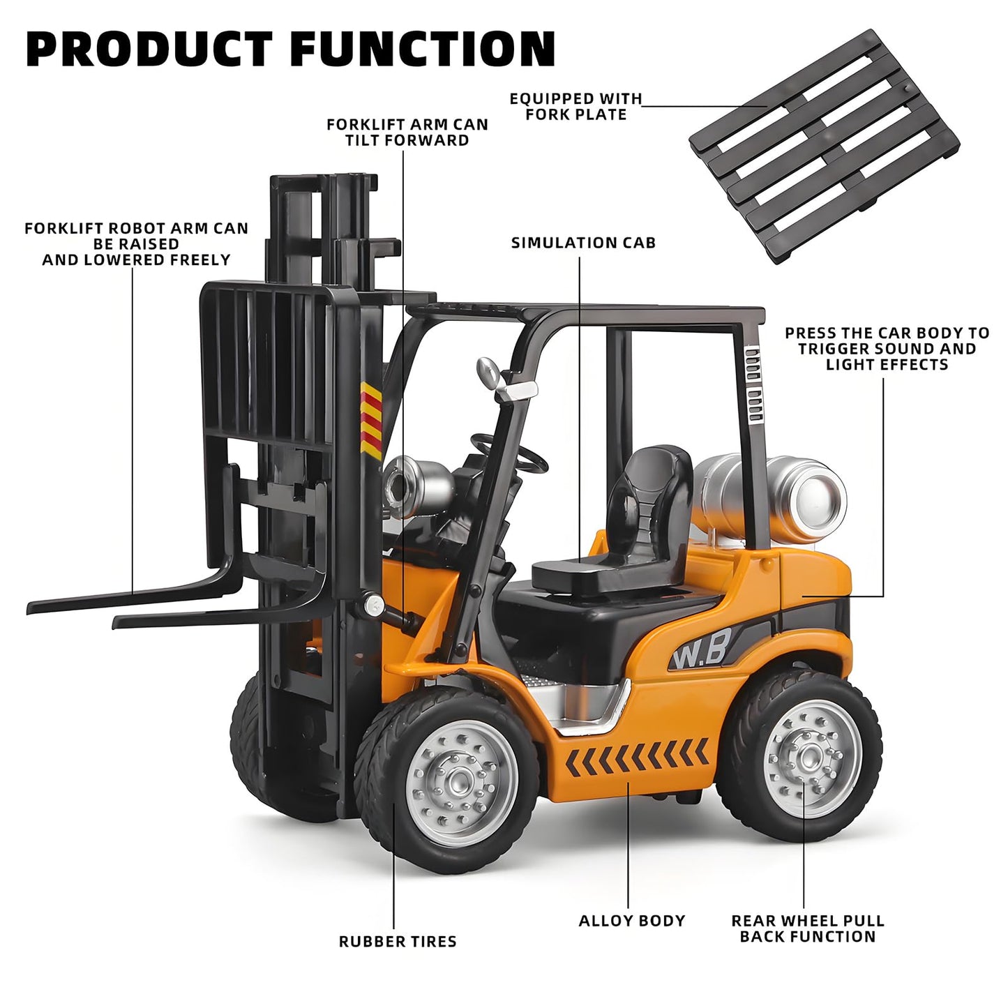 NOVAFUSION Forklift Toys for Kids Construction Truck Forklift,Metal DieCast Forklift Toy,Pull Back Fork Lift Toy with Lights and Sounds,Toy Forklift with Liftable Design,Forklift for Kids Age 3 and Up
