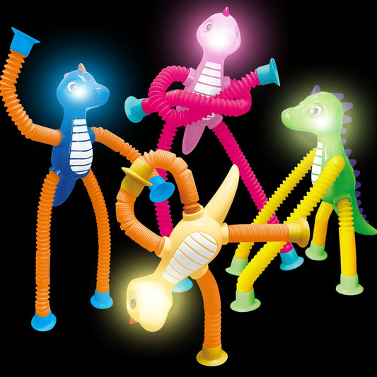 Dinosaur Travel Toys Gift LED Light Up for Toddlers Kids Boys Girls, Dino Pop Tubes Fidget Sensory Suction Cup Toys, Airplane Car Road Activities & Christmas Stocking Stuffers Party Favors Aged 3+